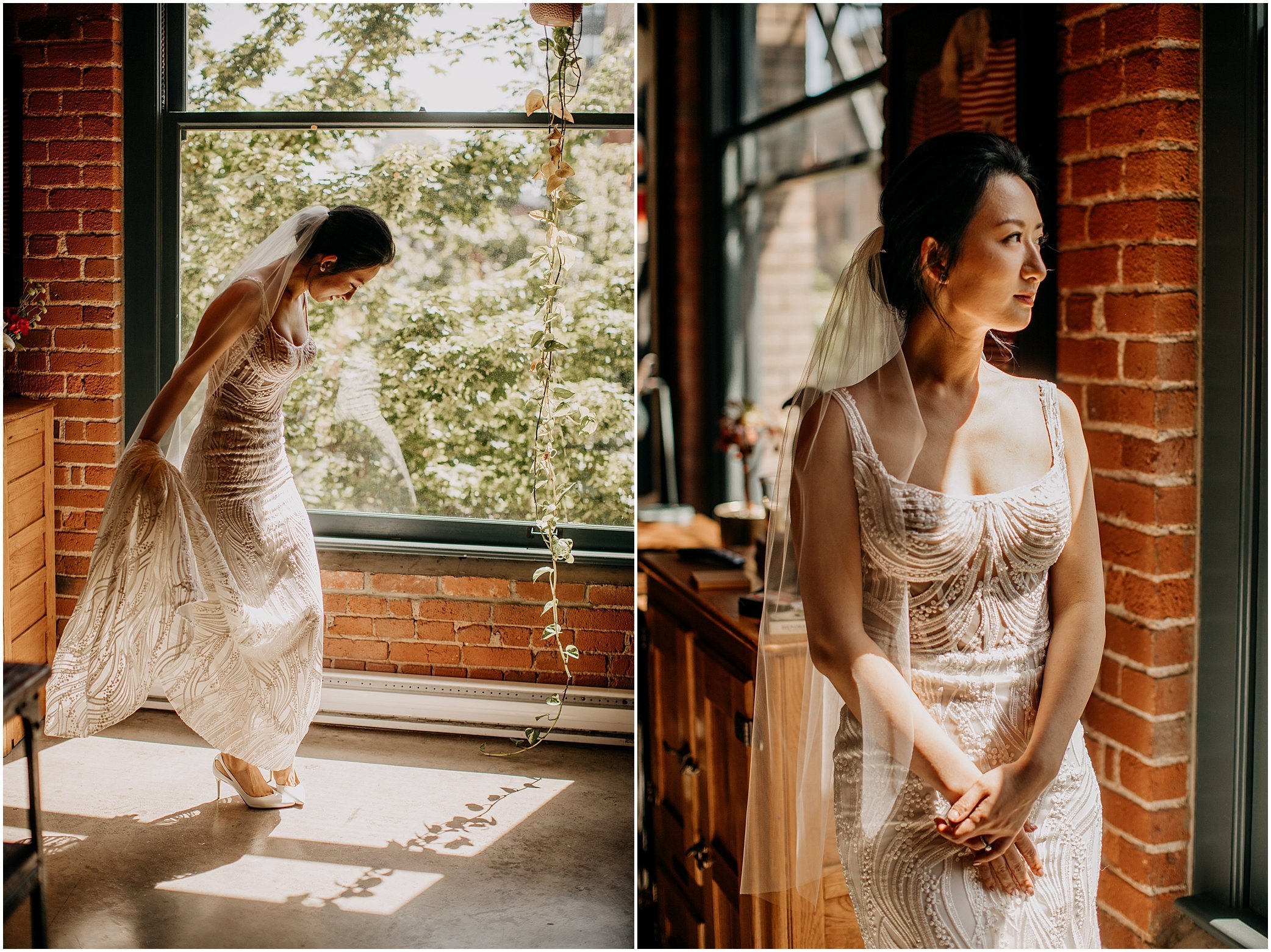 portrait of bride in window light yaletown vancouver