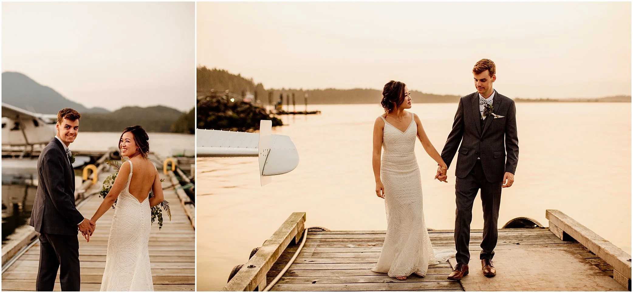 bride and groom sunset portrait in tofino