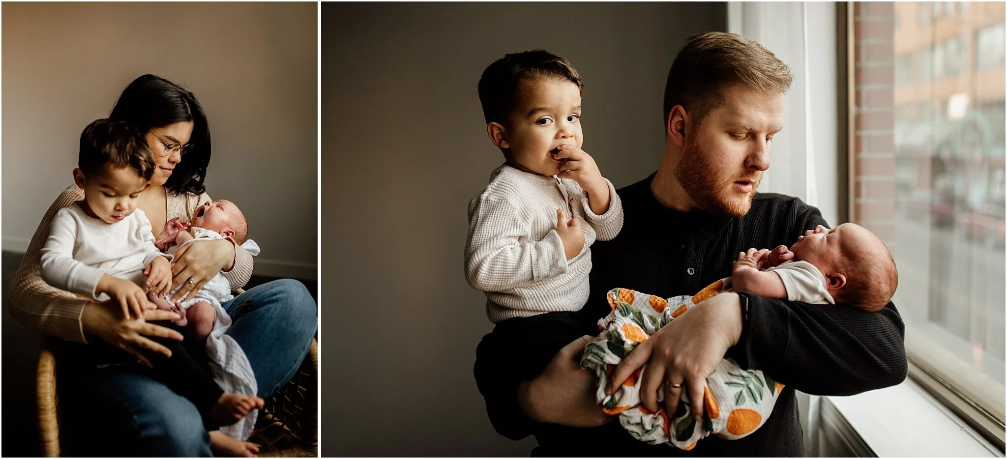 candid studio portrait of mom and dad holding their children