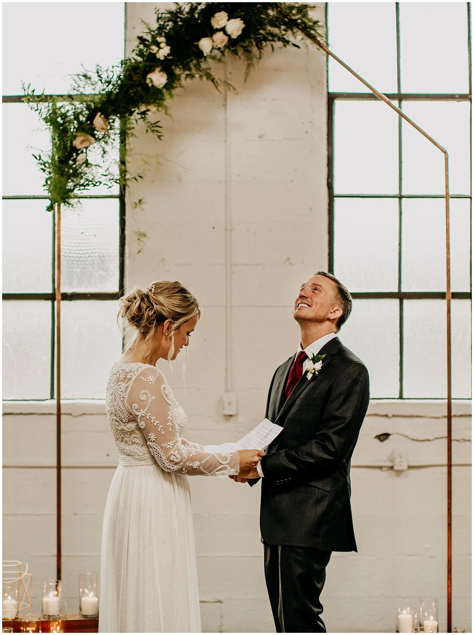 bride and groom candid moment during settlement building ceremony