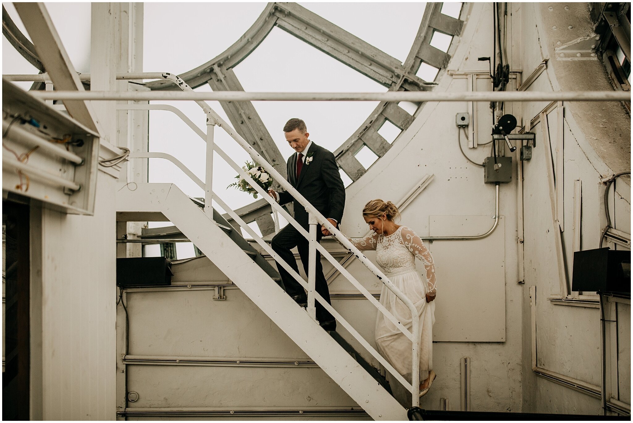 bride and groom portrait inside vancouver block clock tower