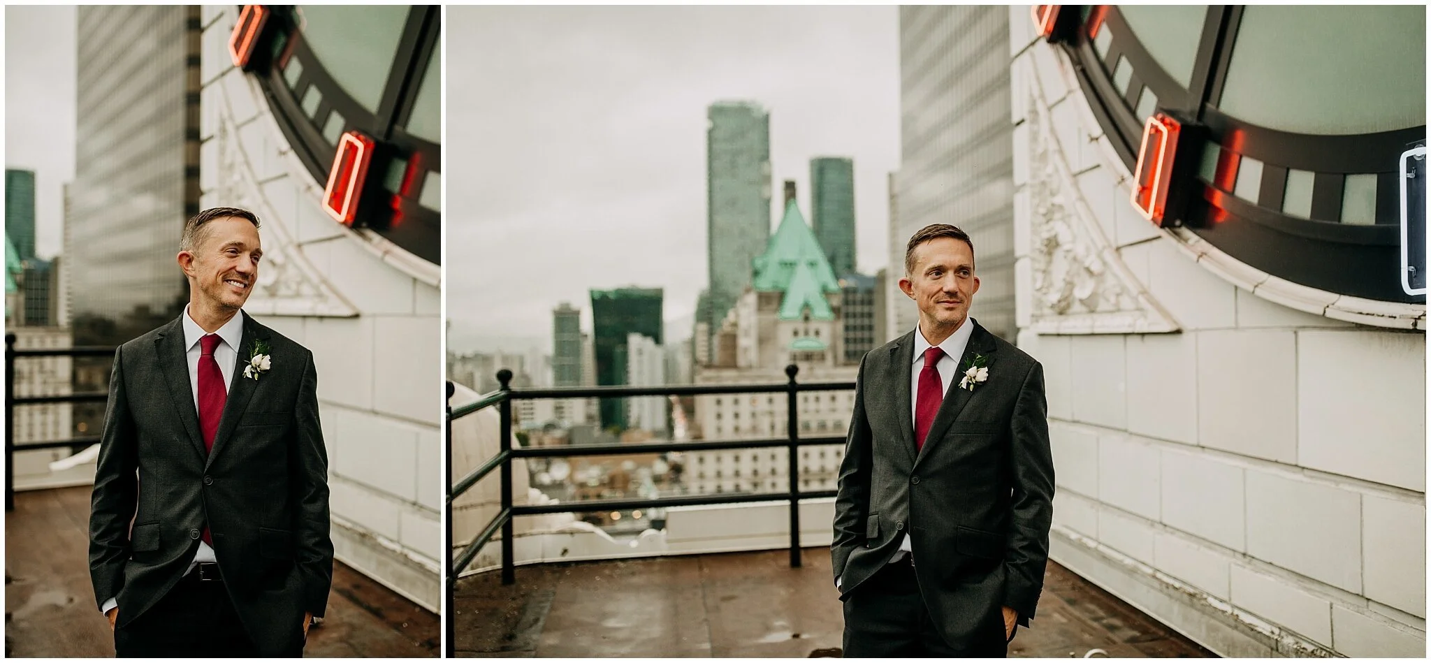 groom portrait on vancouver block clock tower rooftop
