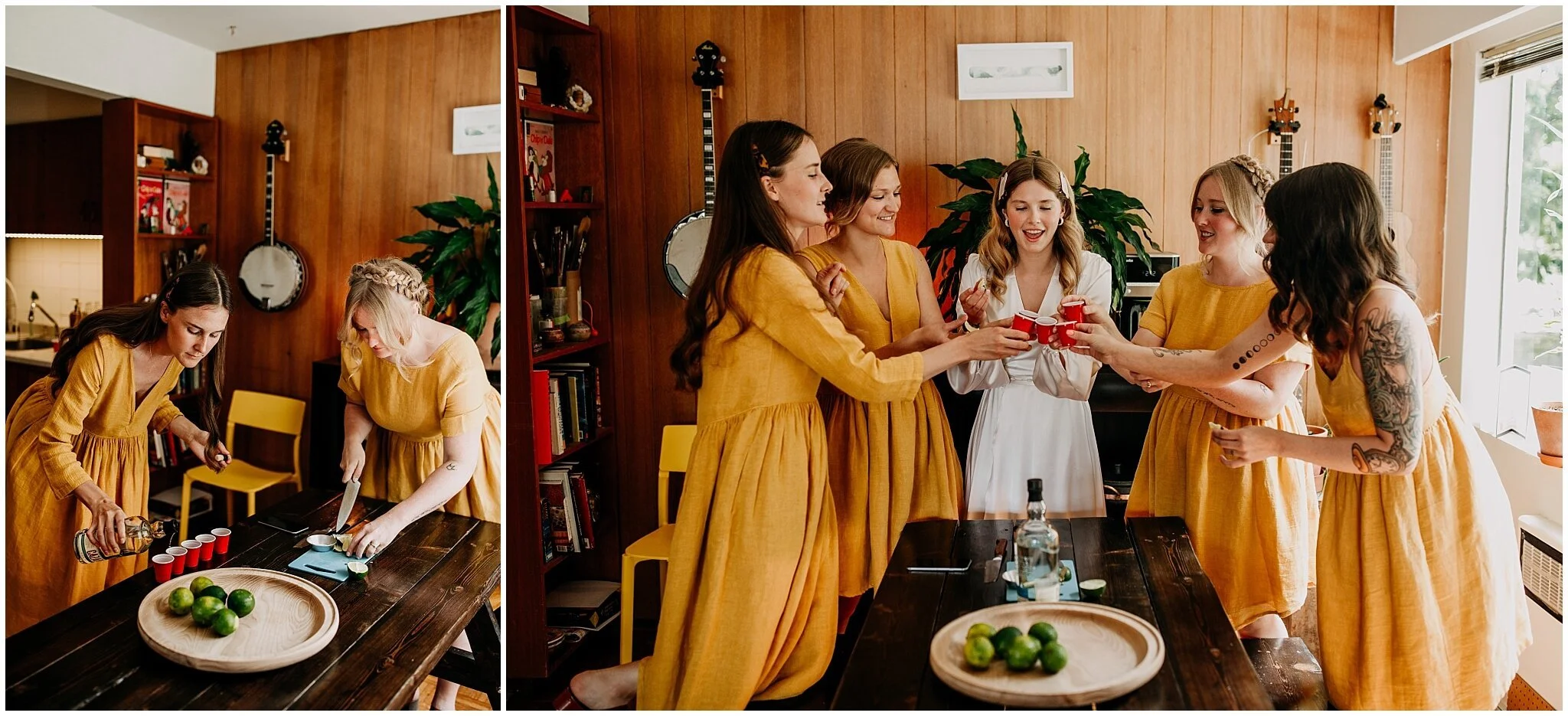 bride and bridesmaids take shots before ellis building wedding
