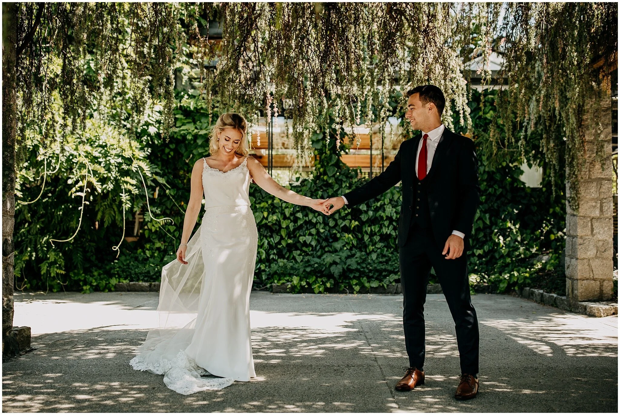 bride and groom portrait in front of shaughnessy restaurant wedding