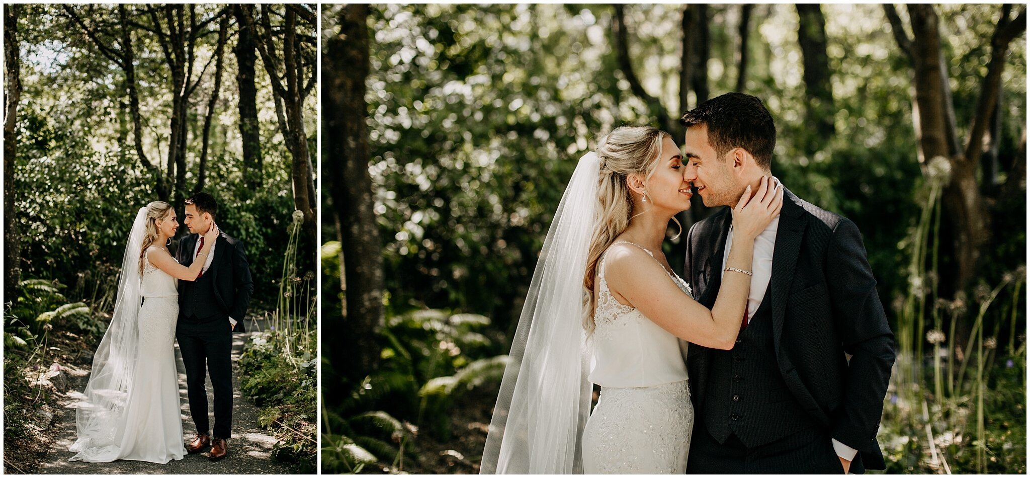bride and groom portrait under trees at van dusen gardens