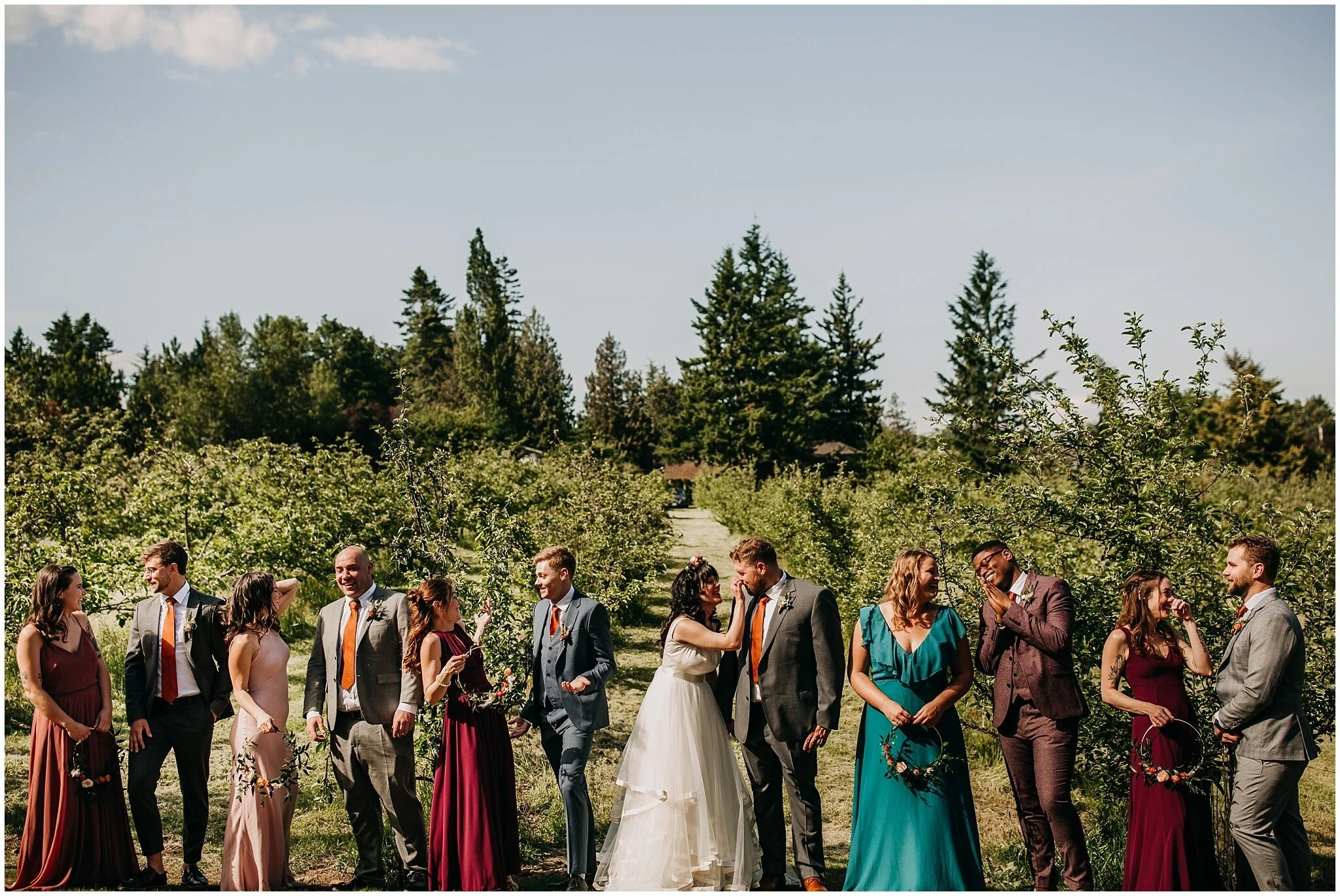 wedding party portrait at sea cider farm and ciderhouse wedding