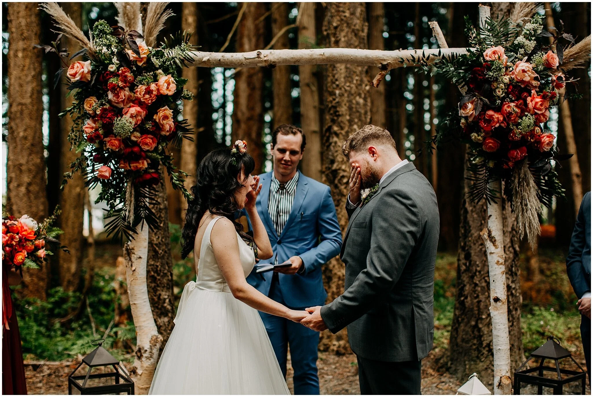 bride and groom wiping away tears at sea cider farm and ciderhouse wedding
