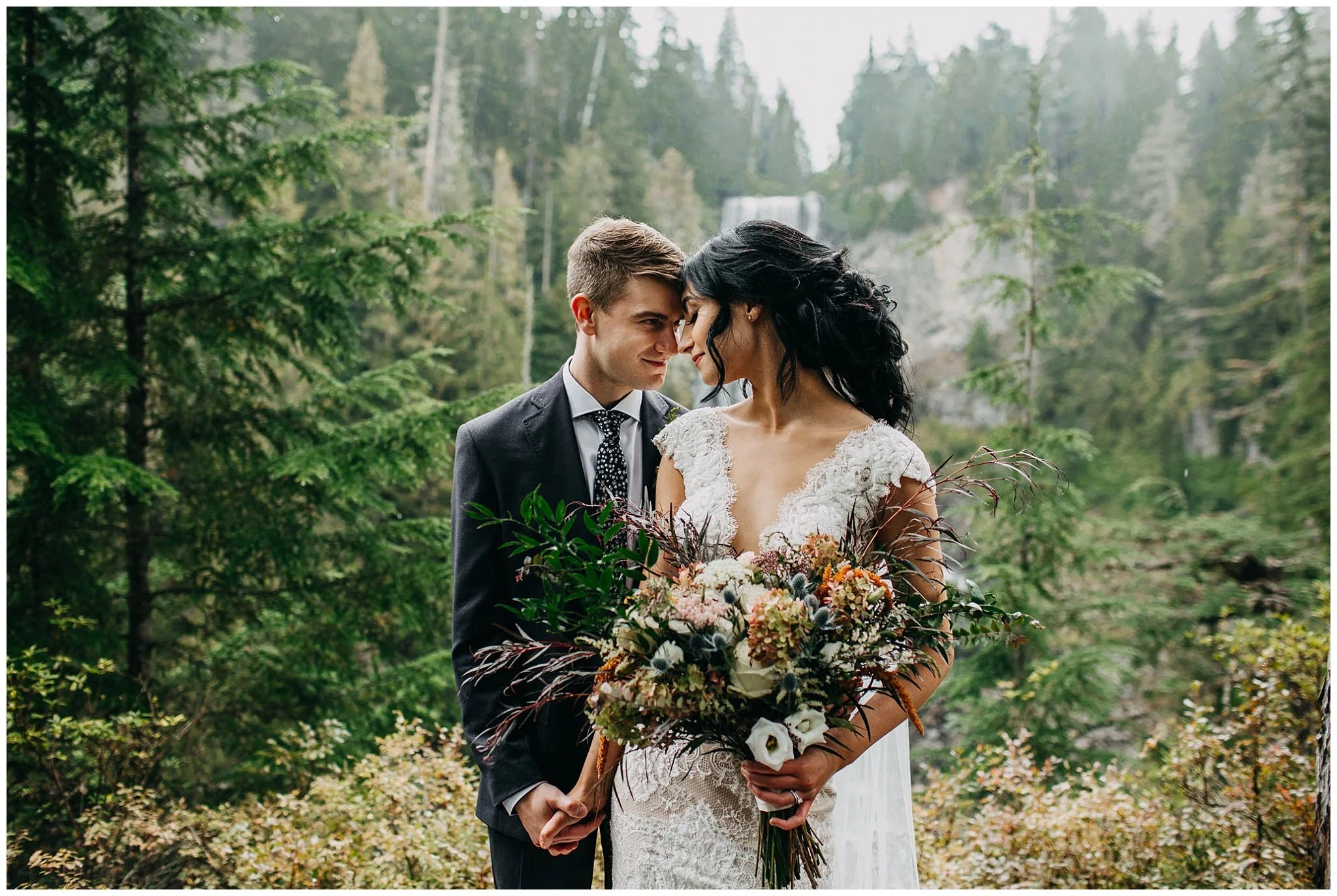 bride and groom portrait at alexander falls whistler elopement