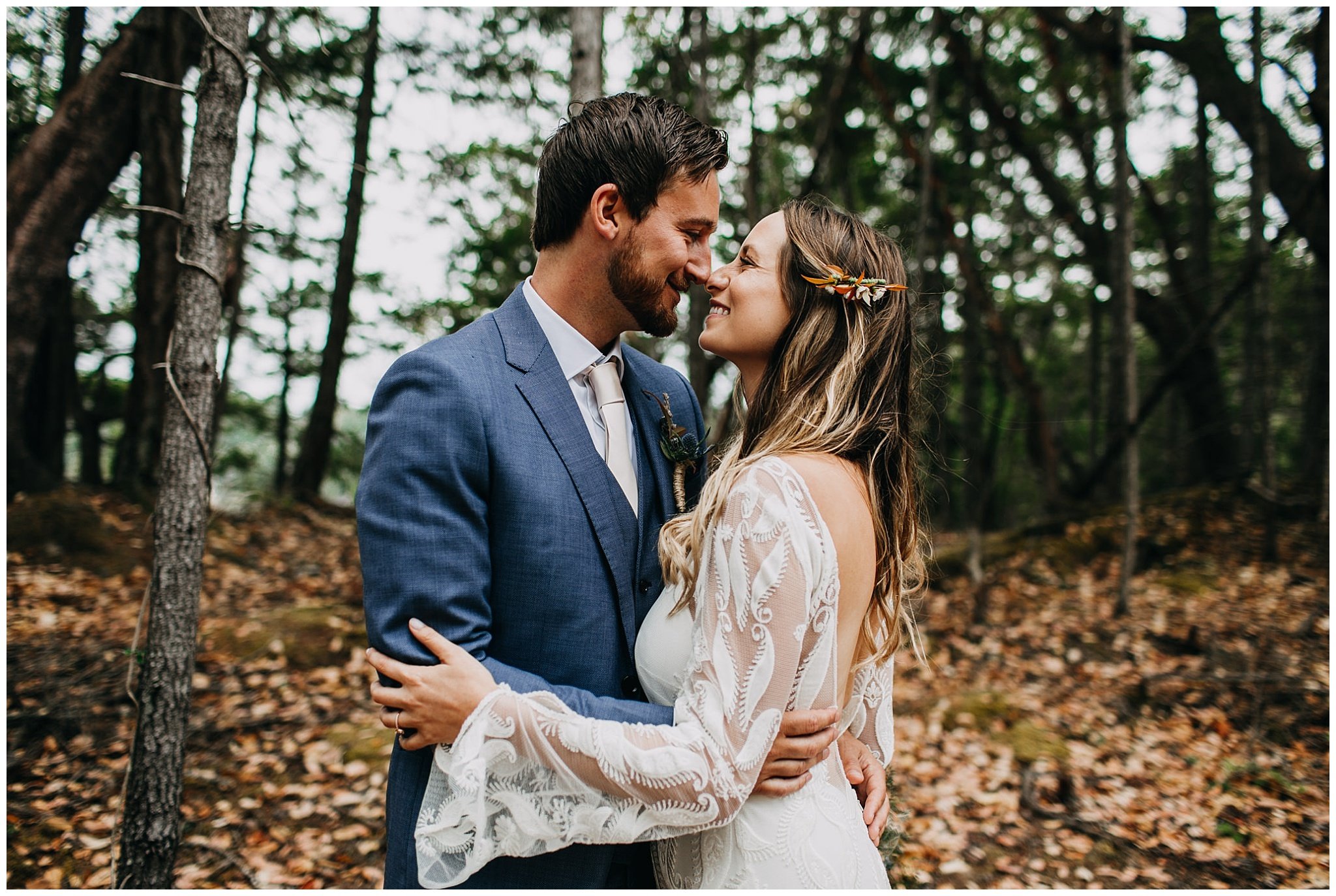 bride and groom portrait at mayne island backyard wedding 