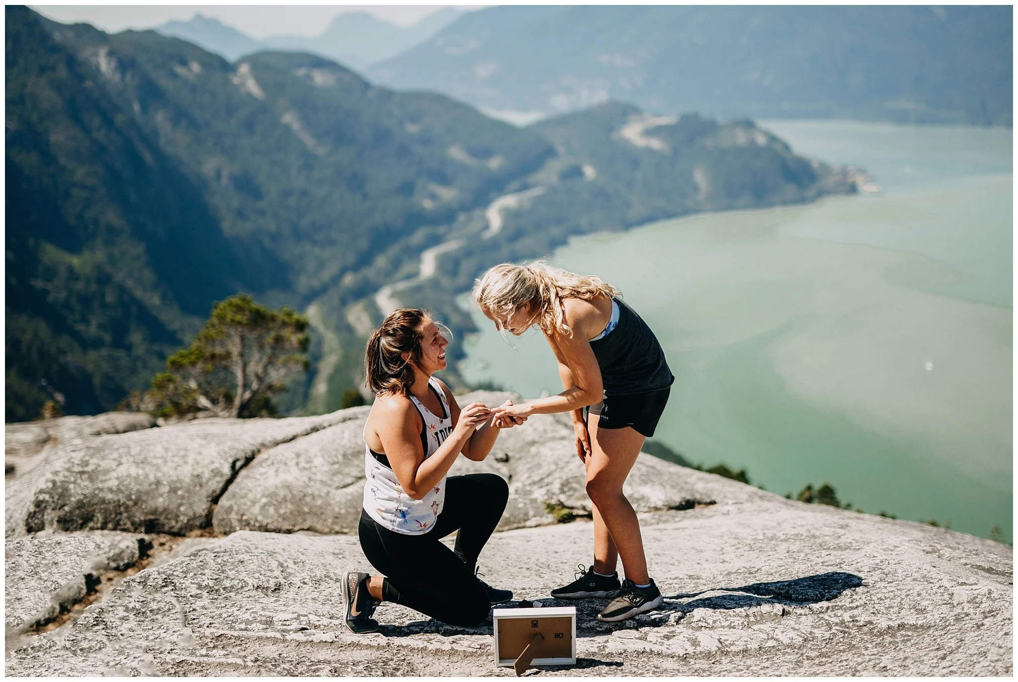 same sex couple proposal on the chief hike peak in squamish bc