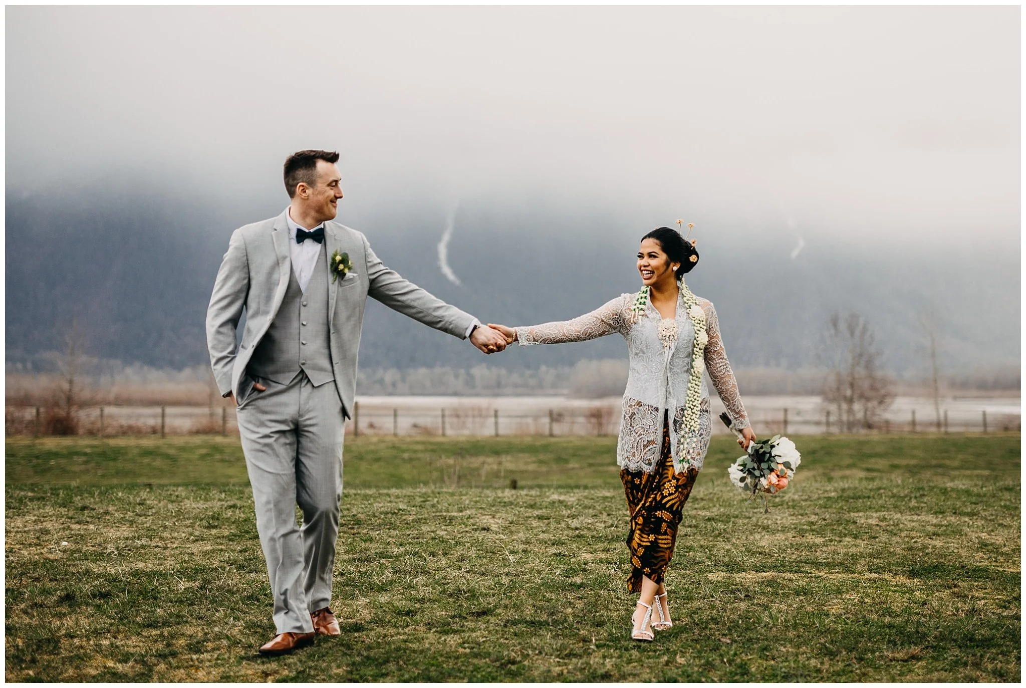 bride and groom portrait at fraser river lodge wedding with mount cheam