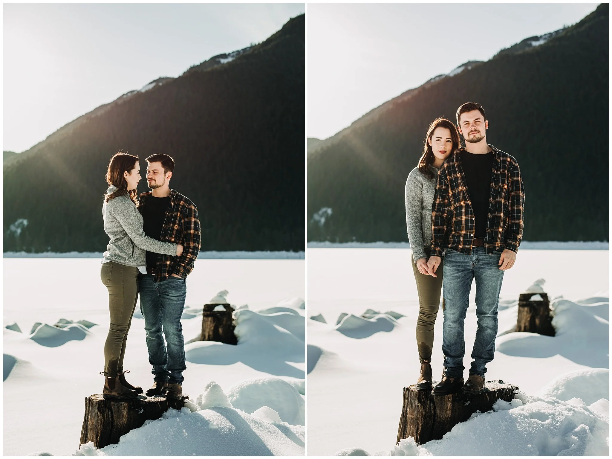 tree stump jones lake chilliwack engagement session sunny snowy