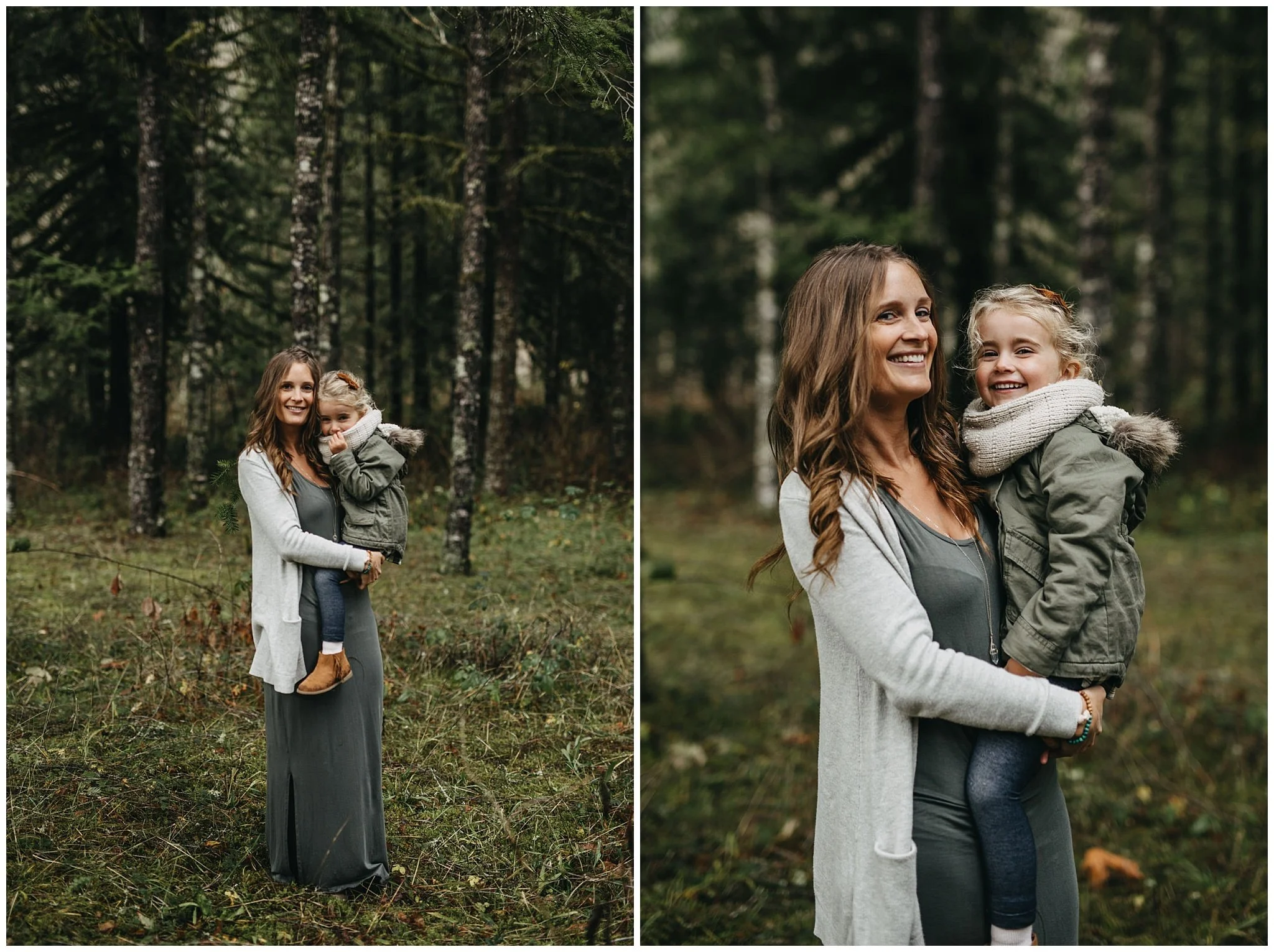 mom holding daughter family photos chilliwack forest trees
