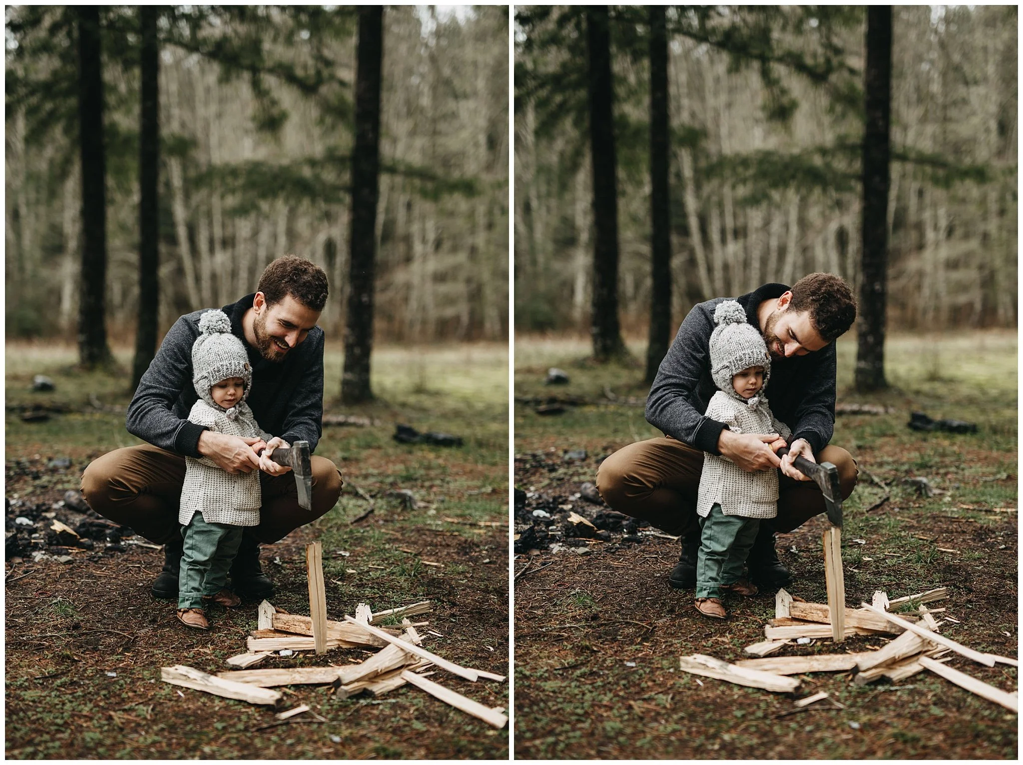 dad and son chopping firewood family session chilliwack forest