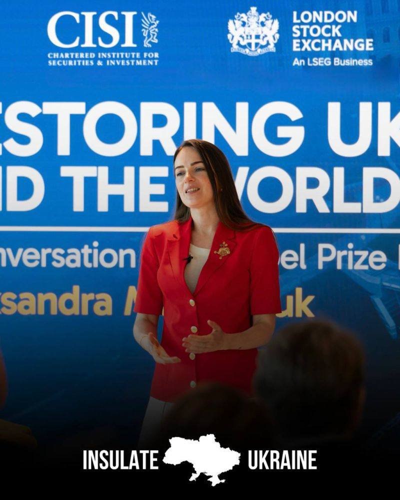 Oleksandra Matviichuk speaking at the London Stock Exchange