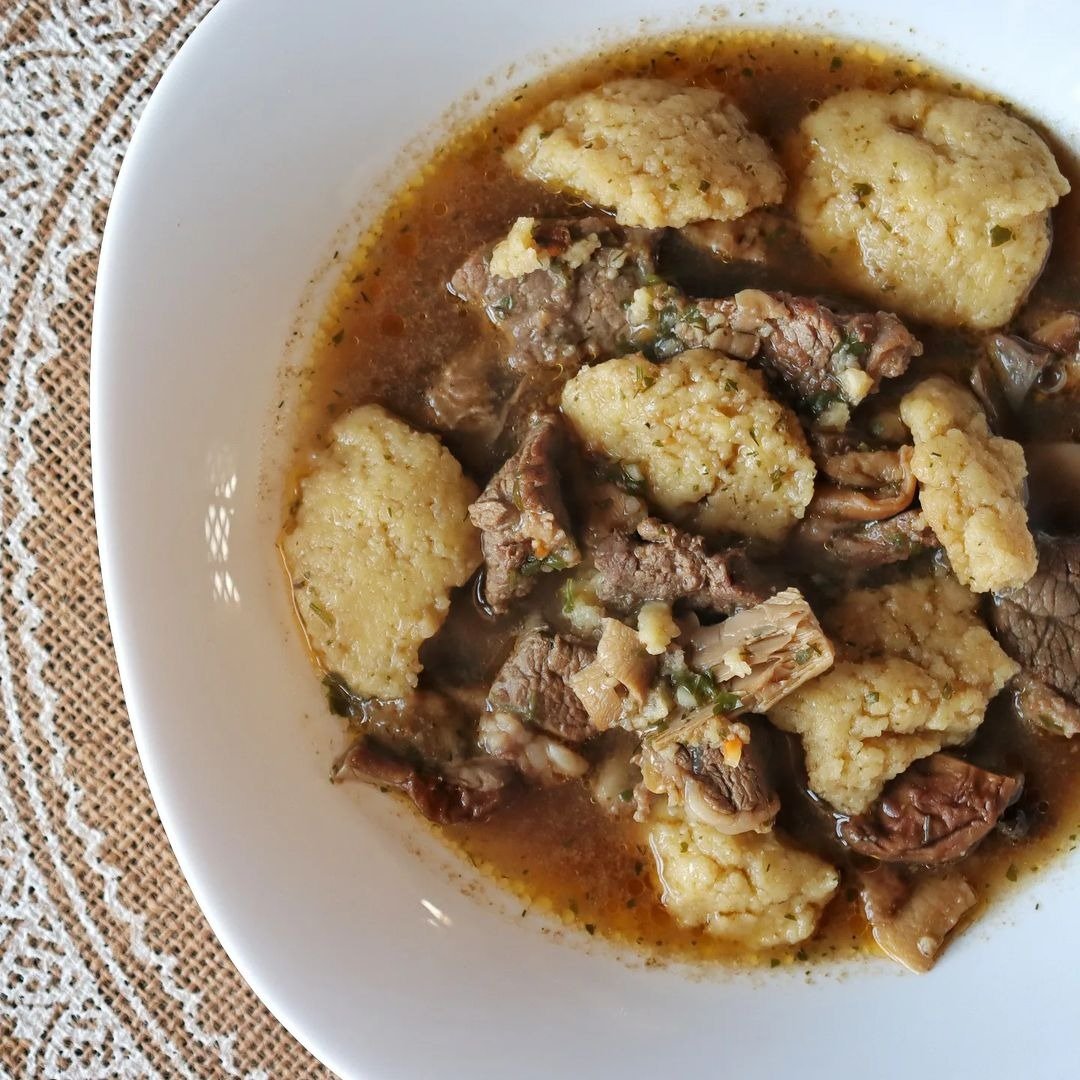 Beef and Dry Mushroom Stew with Semolina Dumplings