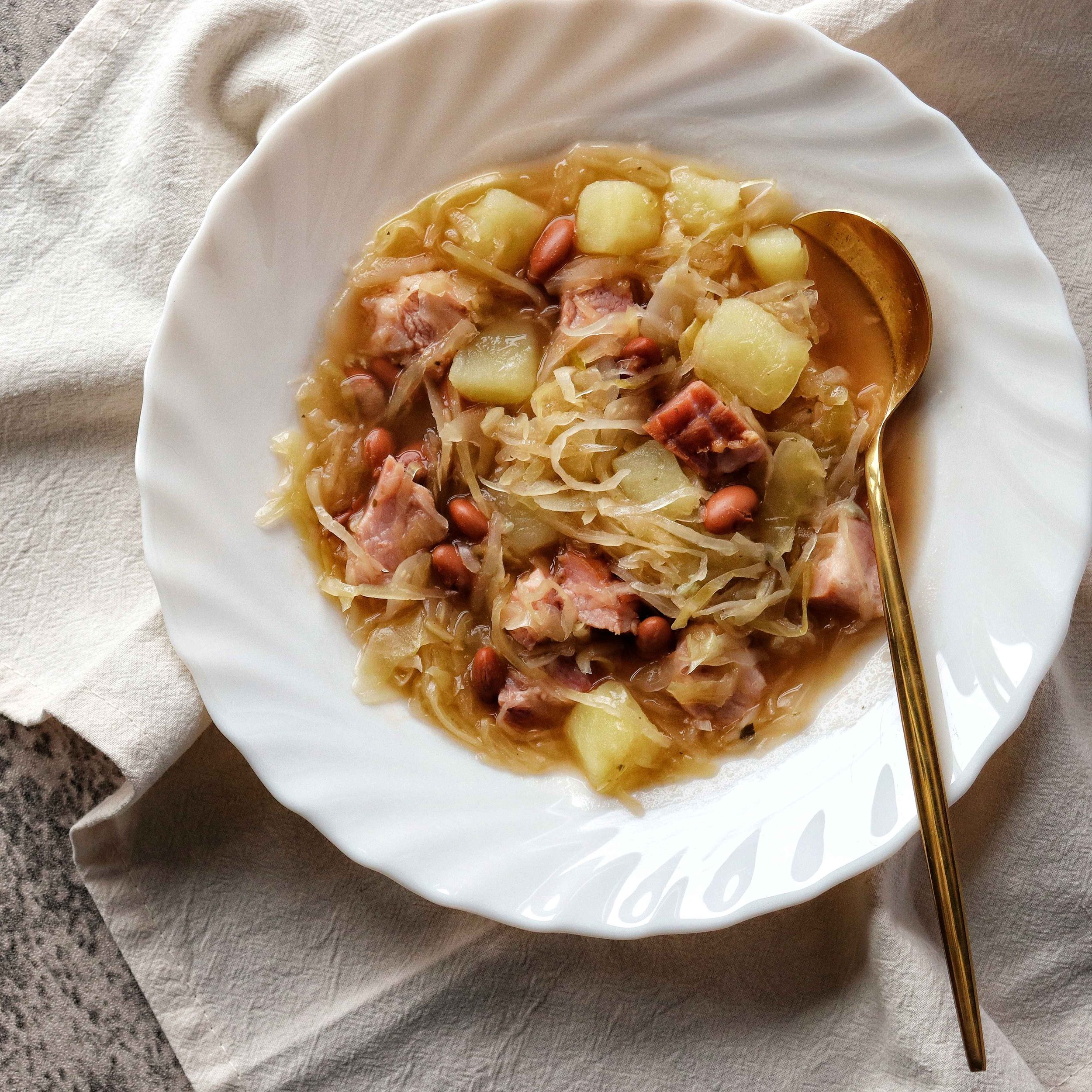 Rolled Ham, Beans and Sauerkraut