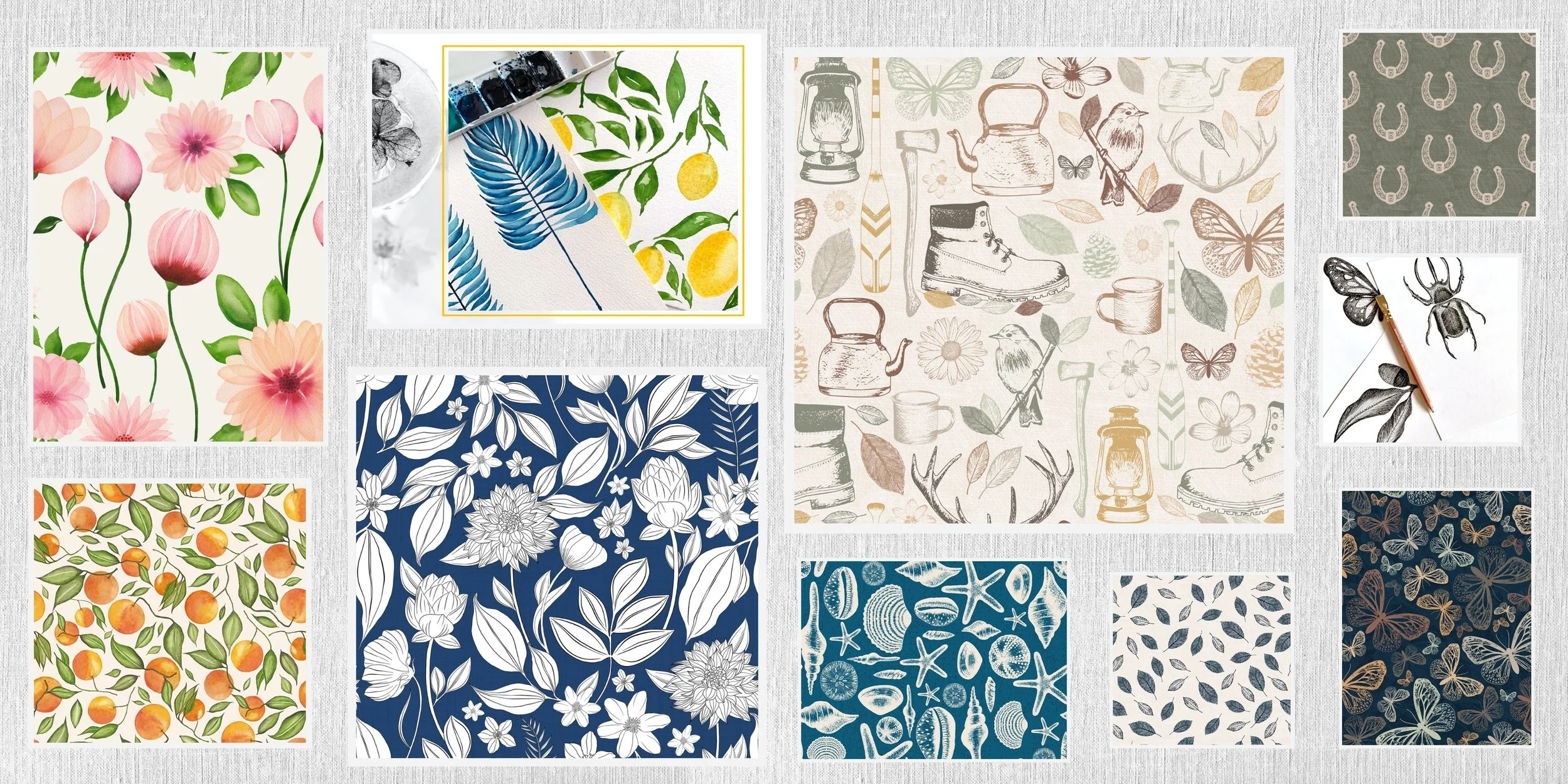 A selection of painterly, botanical, graphic and illustrative surface pattern designs by Lumalei Designs
