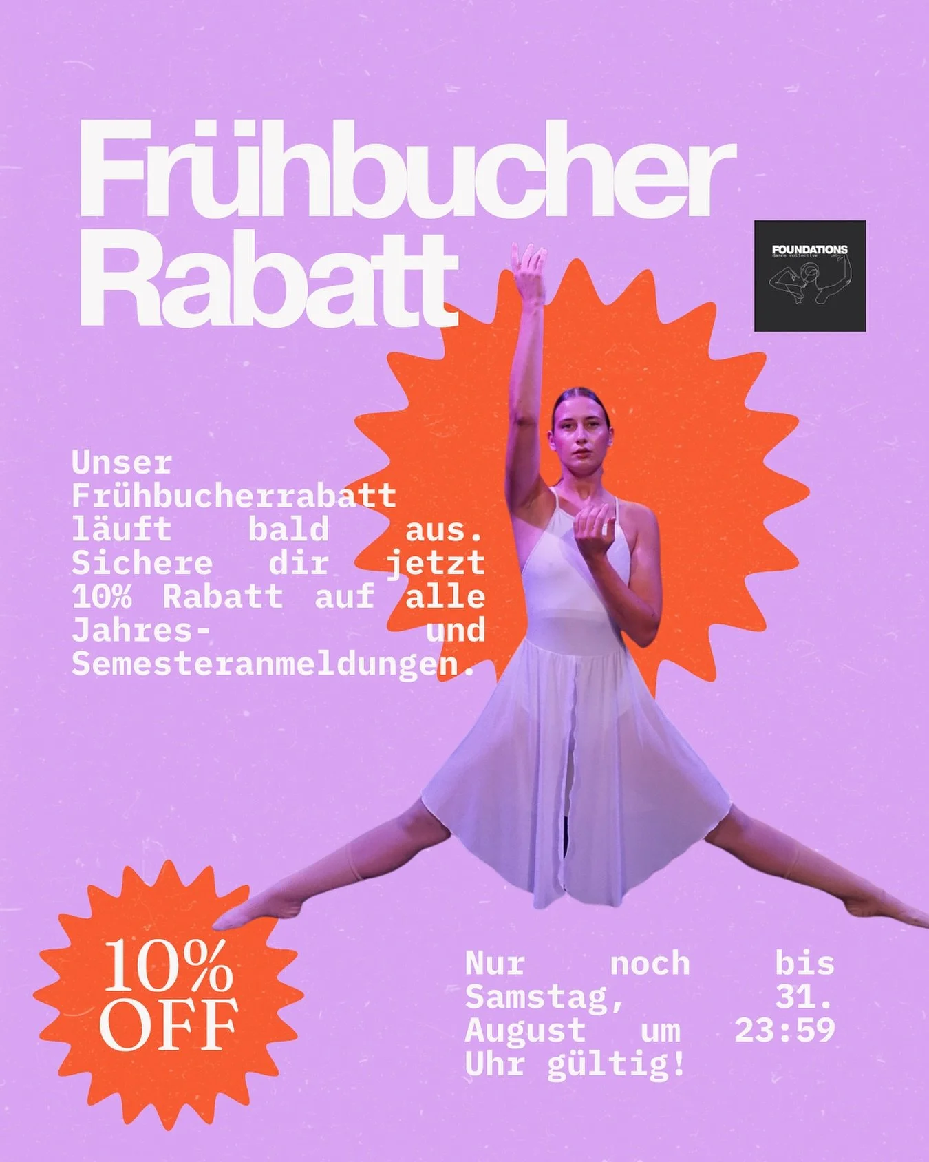 🪩 Fr&uuml;hbucherrabatt endet bald! Sichere dir jetzt 10% Rabatt auf alle Jahres- &amp; Semesteranmeldungen. Nur noch bis Samstag, 31. August um 23:59 Uhr! 

Mit deiner Anmeldung sicherst du dir nicht nur deinen Platz im Kurs, sondern auch die Chanc