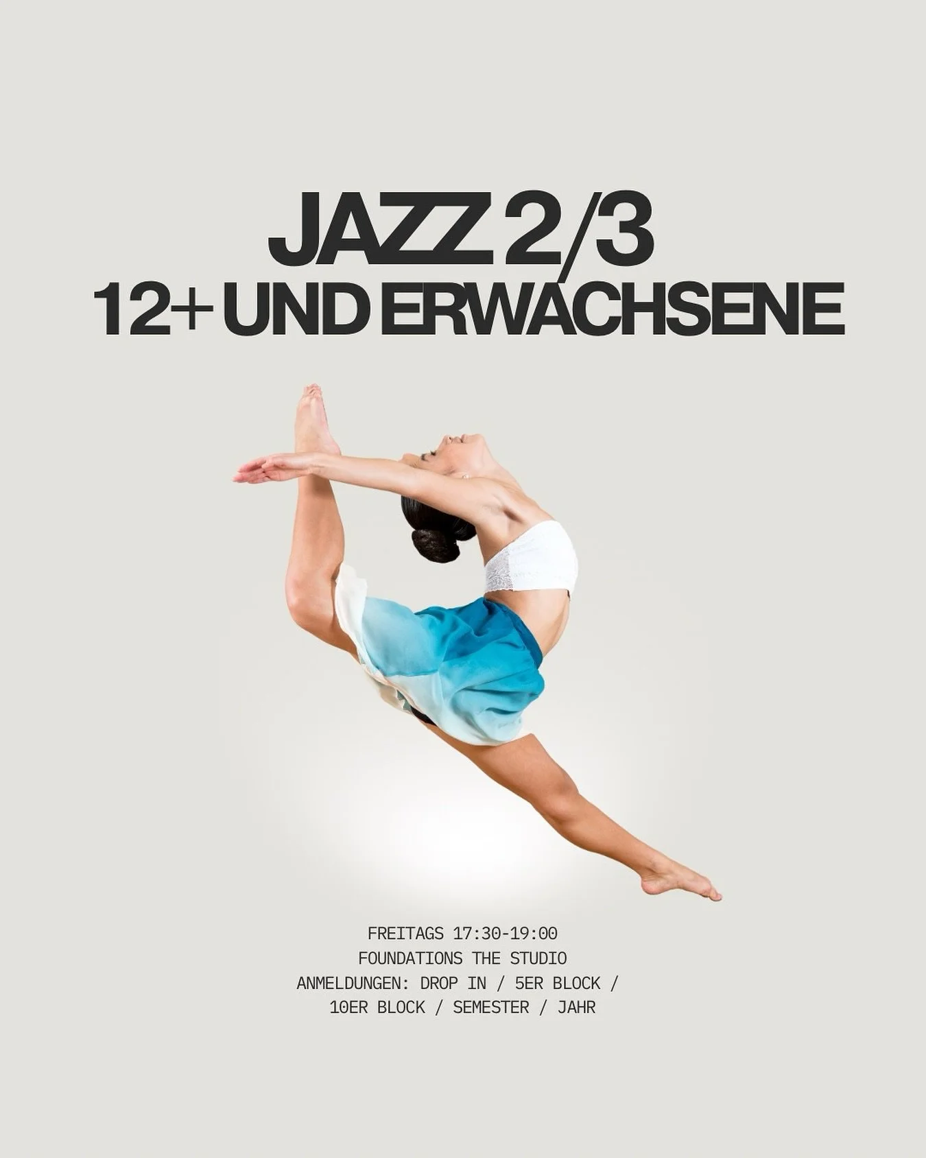 👯&zwj;♀️ Jazz 2/3 (12+ und Erwachsene) 🖤

Dieser Kurs richtet sich an fortgeschrittene T&auml;nzerInnen, die ihre Jazz-Technik und Ausdruckskraft auf das n&auml;chste Level bringen m&ouml;chten. Du arbeitest an einer Mischung aus klassischem und Br