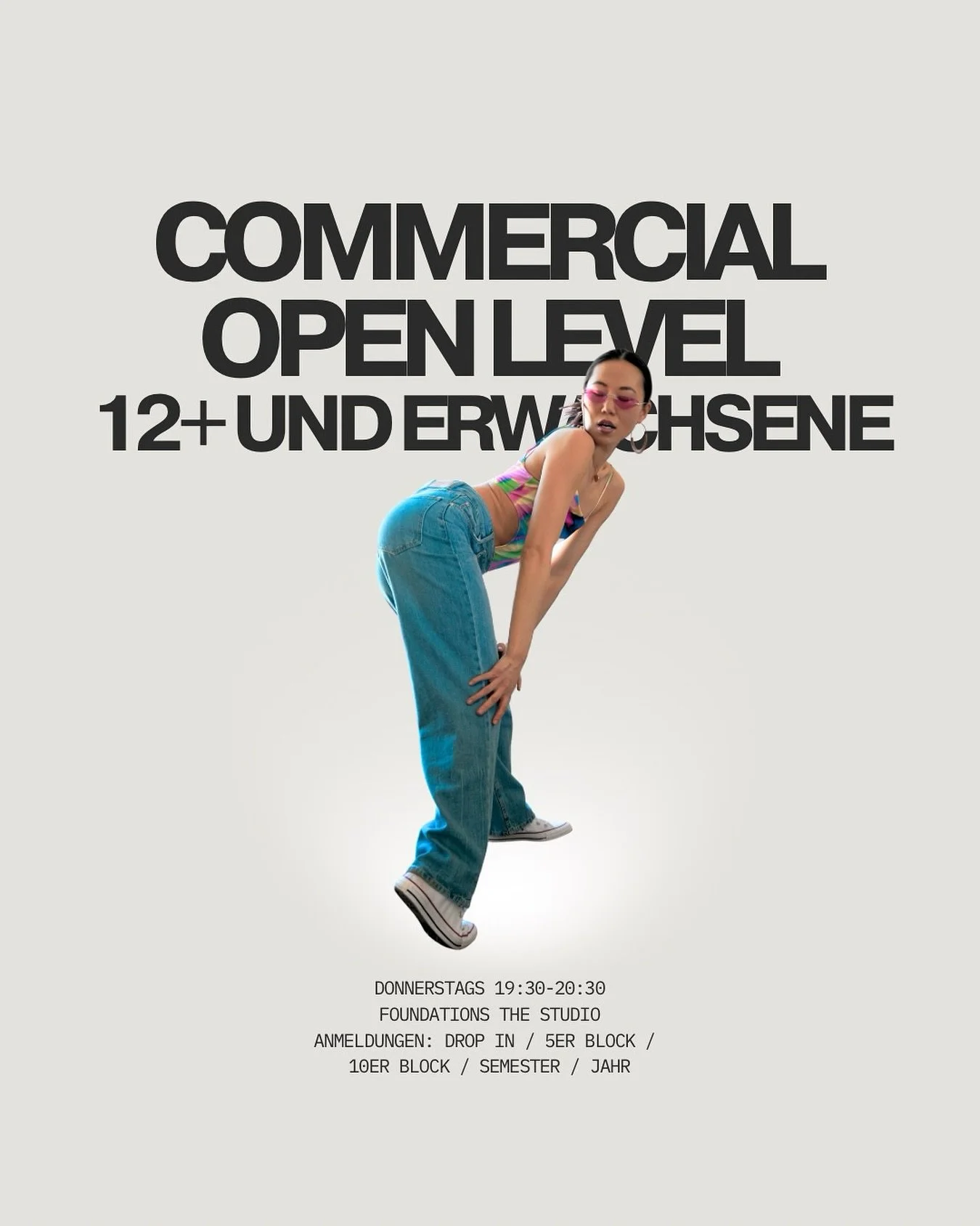 🔋Commercial Open Level (12+ und Erwachsene) 🔥

Sp&uuml;re die Energie von Commercial Dance! In diesem Kurs lernst du kraftvolle, ausdrucksstarke Bewegungen, arbeitest an Performance-Qualit&auml;t und entwickelst deinen eigenen Stil. @rosyfranky zei