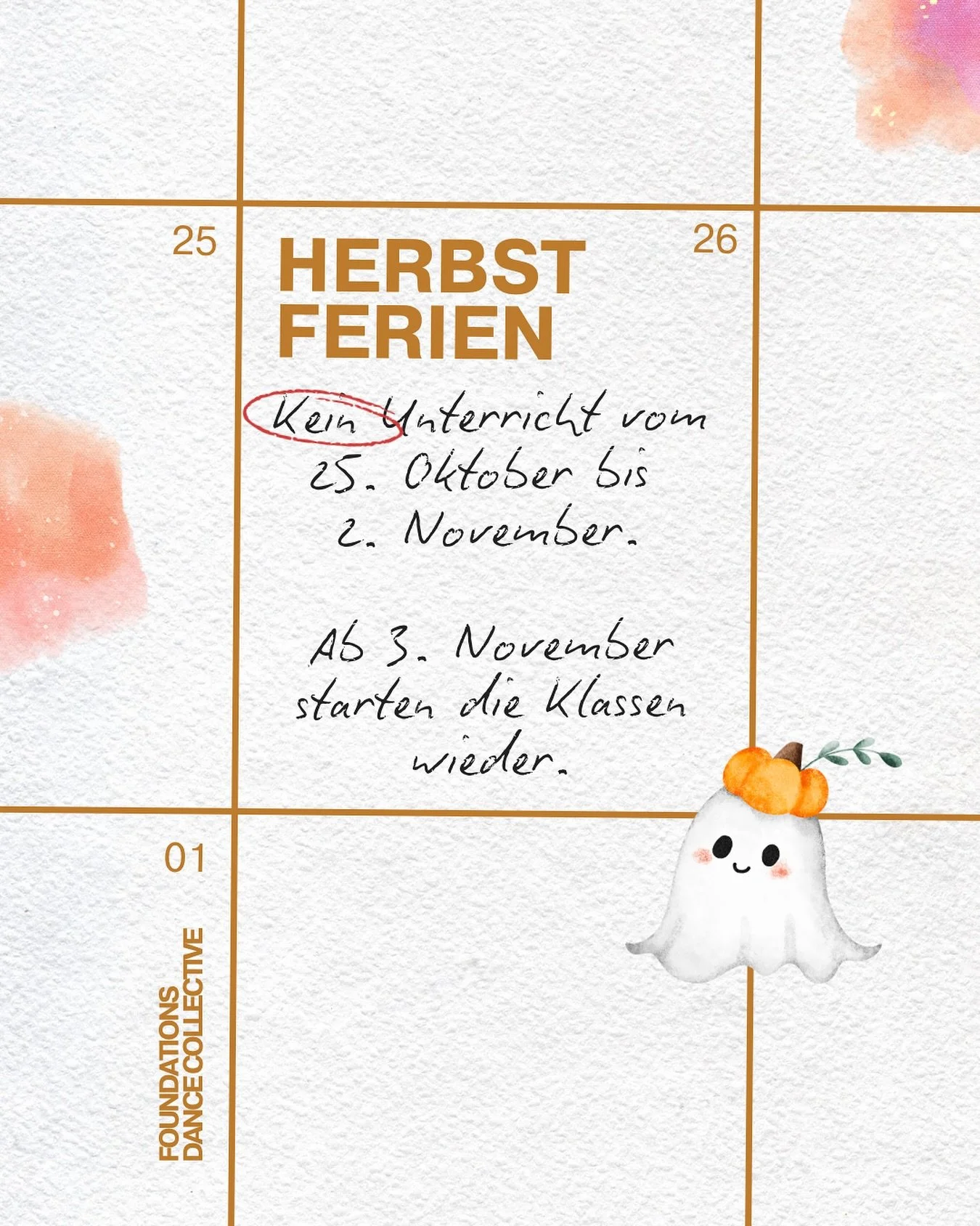 Der Herbst ist da und damit auch unsere kleine Pause! Vom 25. Oktober bis 2. November finden keine Tanzklassen und kein Competition Team Training statt. Ab 3. November starten alle Kurse und Teamtrainings wieder wie gewohnt 🍂
 
Wenn ihr euch unsiche