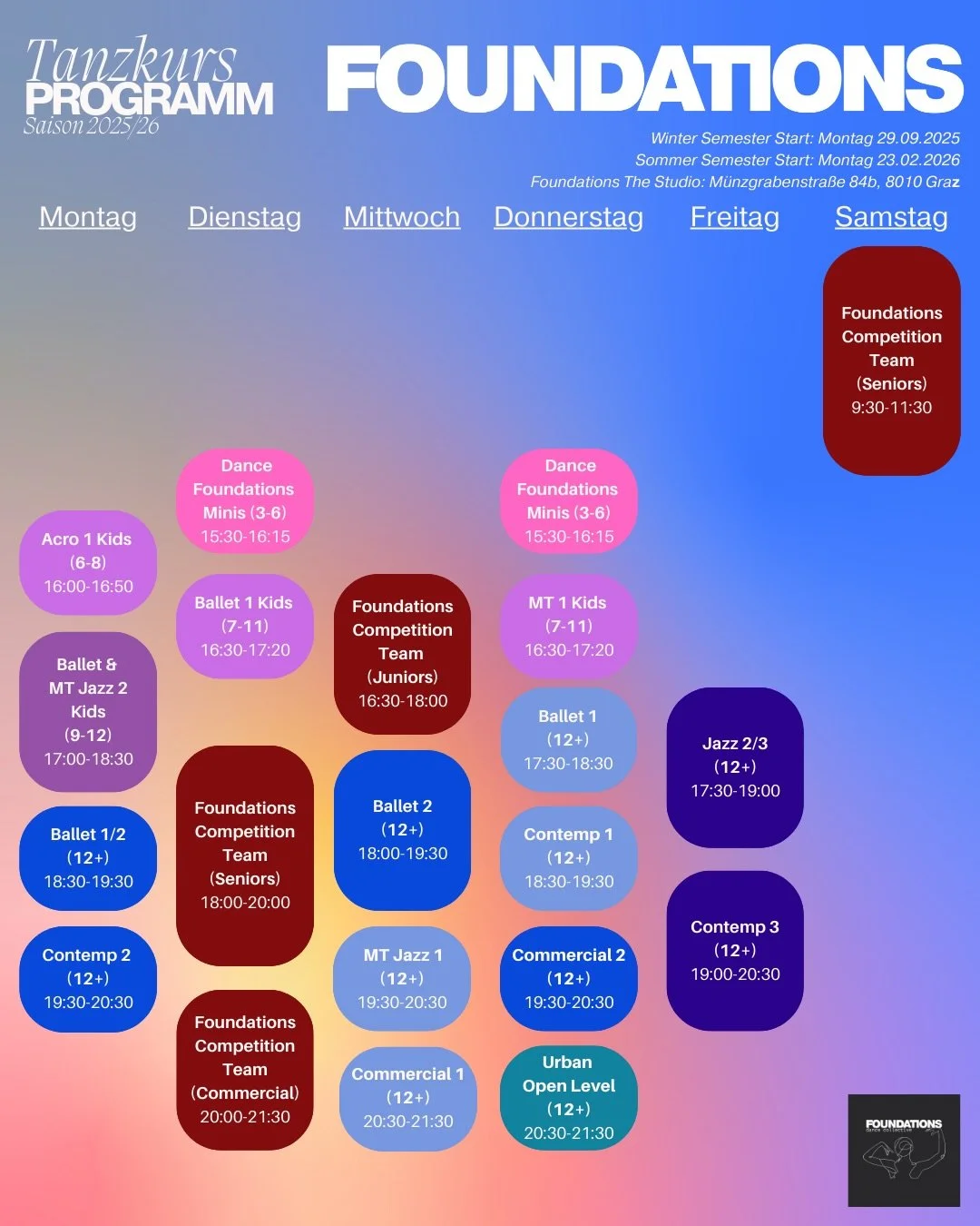 SOMMERSEMESTER 2025: DER STUNDENPLAN IST ONLINE! ☀️🩰

Das Wintersemester endet am 13. Februar. Danach sind Semesterferien von 14. bis 22. Februar, bevor das Sommersemester am 23. Februar startet ✨

📝 Anmeldung

Alle aktuellen T&auml;nzerInnen haben