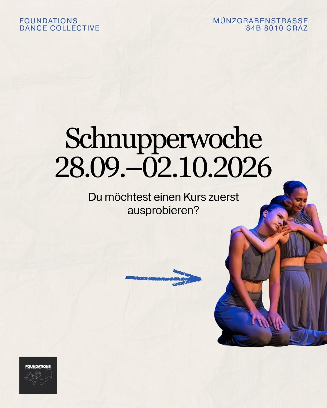 🪩 Schnupperwoche 2026/27 &ndash; so funktioniert&rsquo;s!

Du m&ouml;chtest einen unserer Kurse ausprobieren, bevor du dich anmeldest? Daf&uuml;r gibt es unsere Schnupperwoche von 28.09.&ndash;02.10. ✨

📝 Regul&auml;re Anmeldung bis 11.09.

Zuerst 