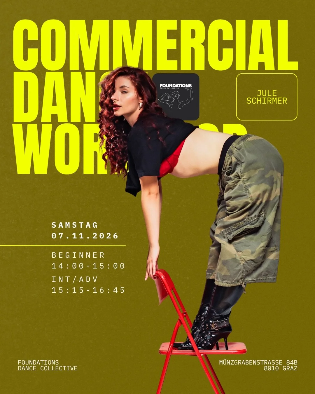 COMMERCIAL WORKSHOP MIT JULE SCHIRMER 🔥

Berlin, Paris und jetzt Graz! 🇫🇷 Wir freuen uns riesig, die professionelle T&auml;nzerin und Choreografin @jule_schrmr bei uns im Studio begr&uuml;&szlig;en zu d&uuml;rfen! Freu dich auf ausdrucksstarke Com