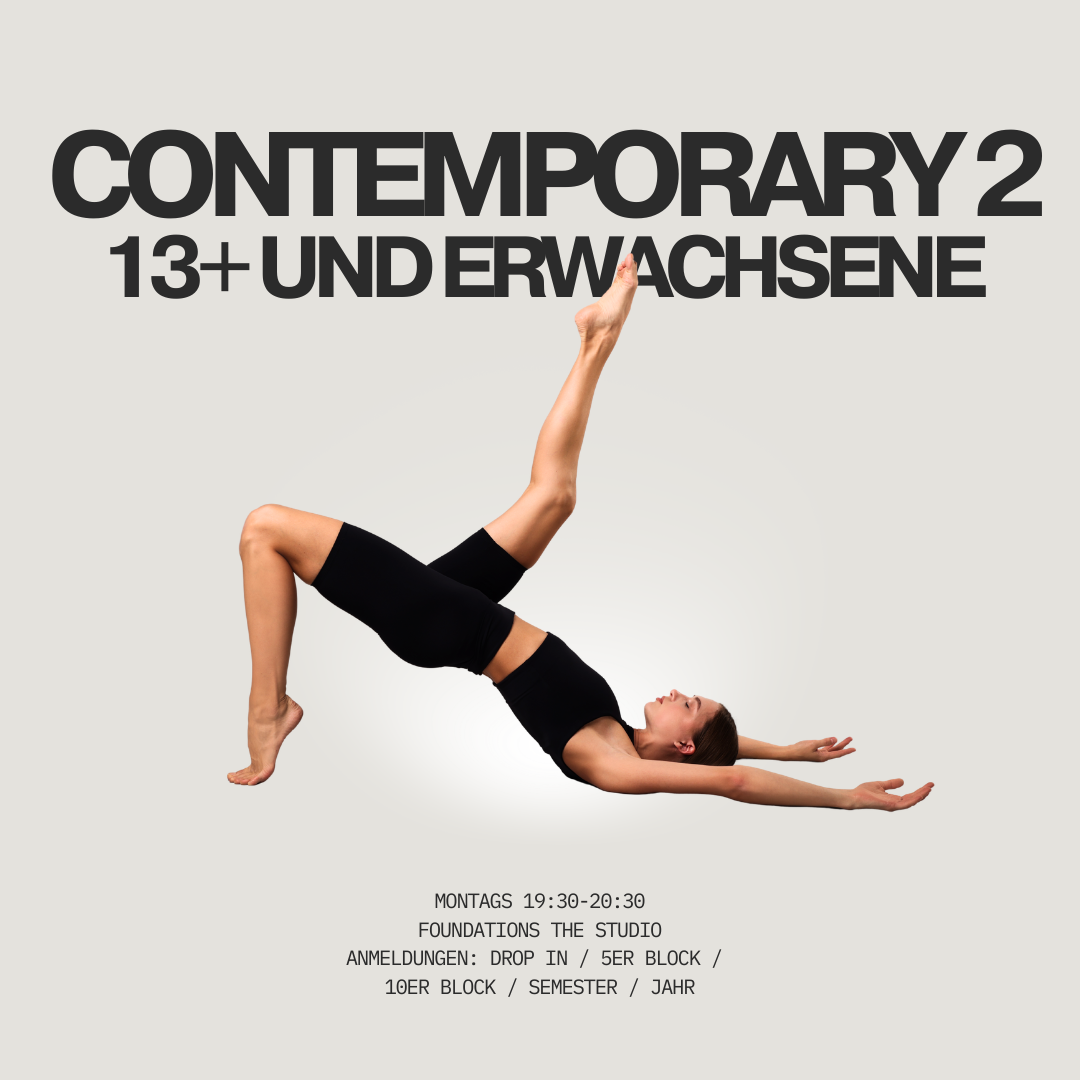 Frau tanzt in einem schwarzen Sportoutfit, liegt auf dem Rücken, ein Bein in der Luft, mit Text "Contemporary 2, 13+ und Erwachsene", sowie weitere Informationen zu Kurszeiten und Anmeldung.