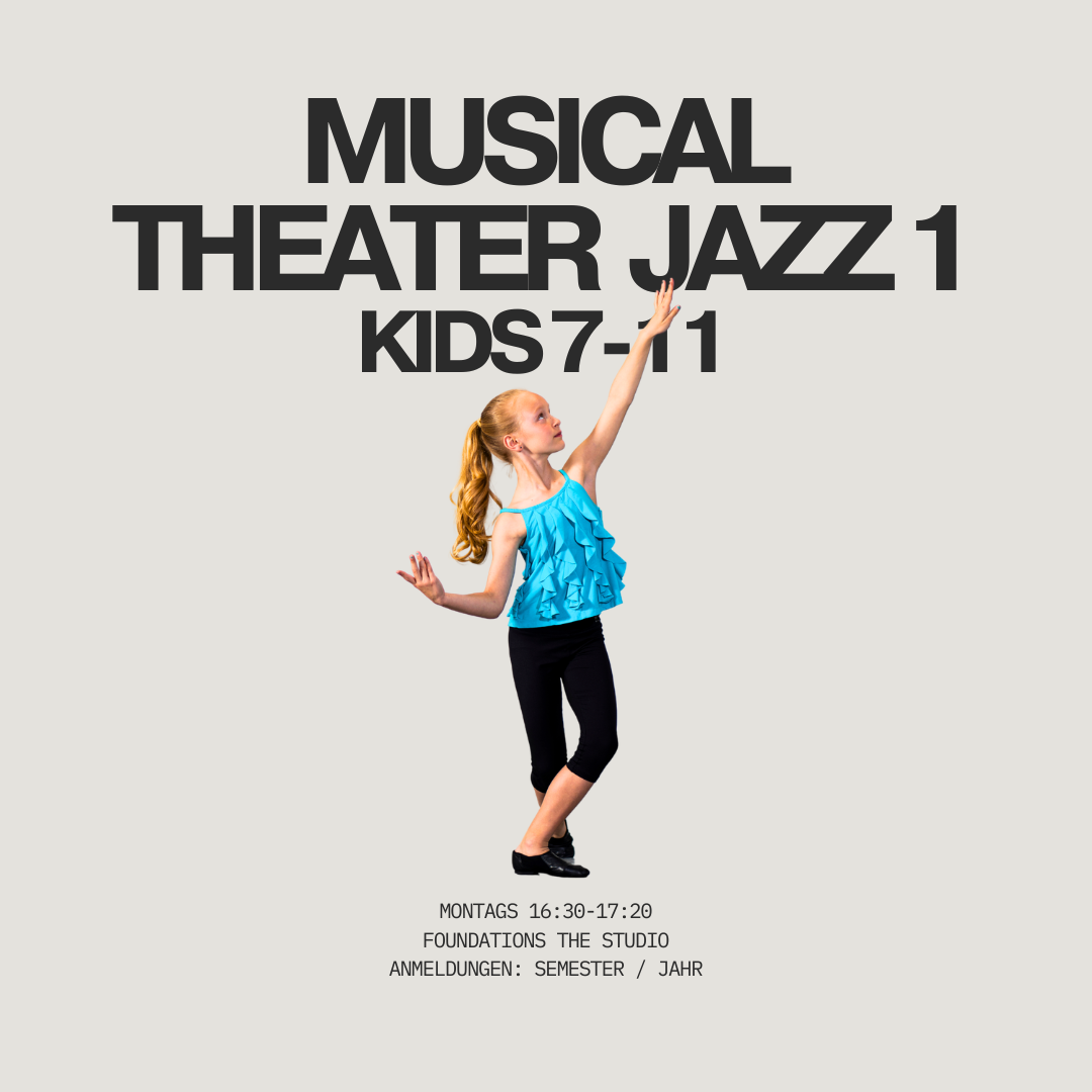 Ein junges Mädchen in blauer Tanzkleidung, das auf einem Bein steht und eine Hand zum Himmel hebt, während im Hintergrund Text über Musicals, Jazz, Kinderunterricht und Anmeldungen angezeigt wird.