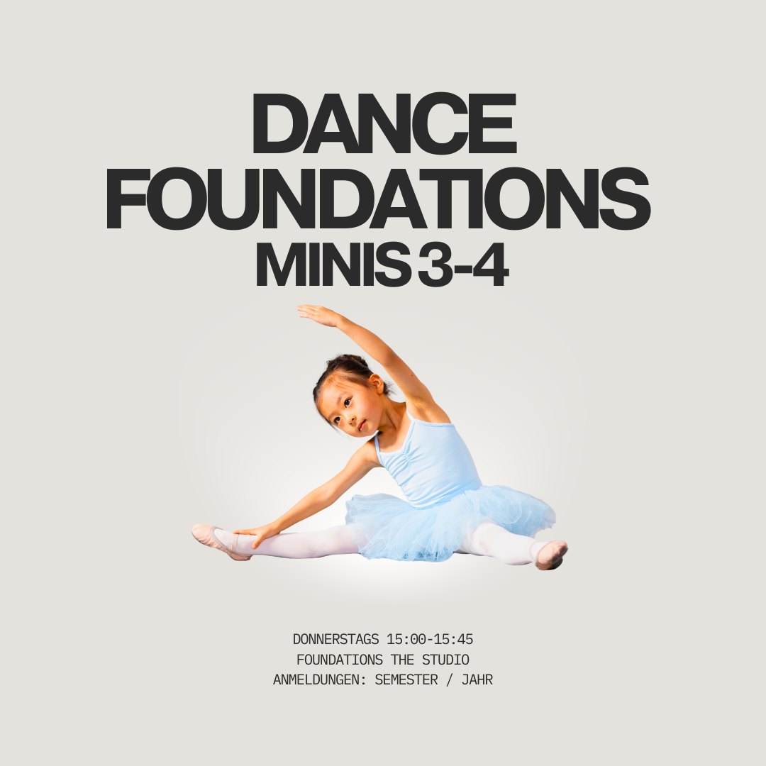 Werbeplakat für einen Tanzkurs für Kinder im Alter von 3 bis 4 Jahren, mit einem tanzenden Mädchen in Ballettkleidung.