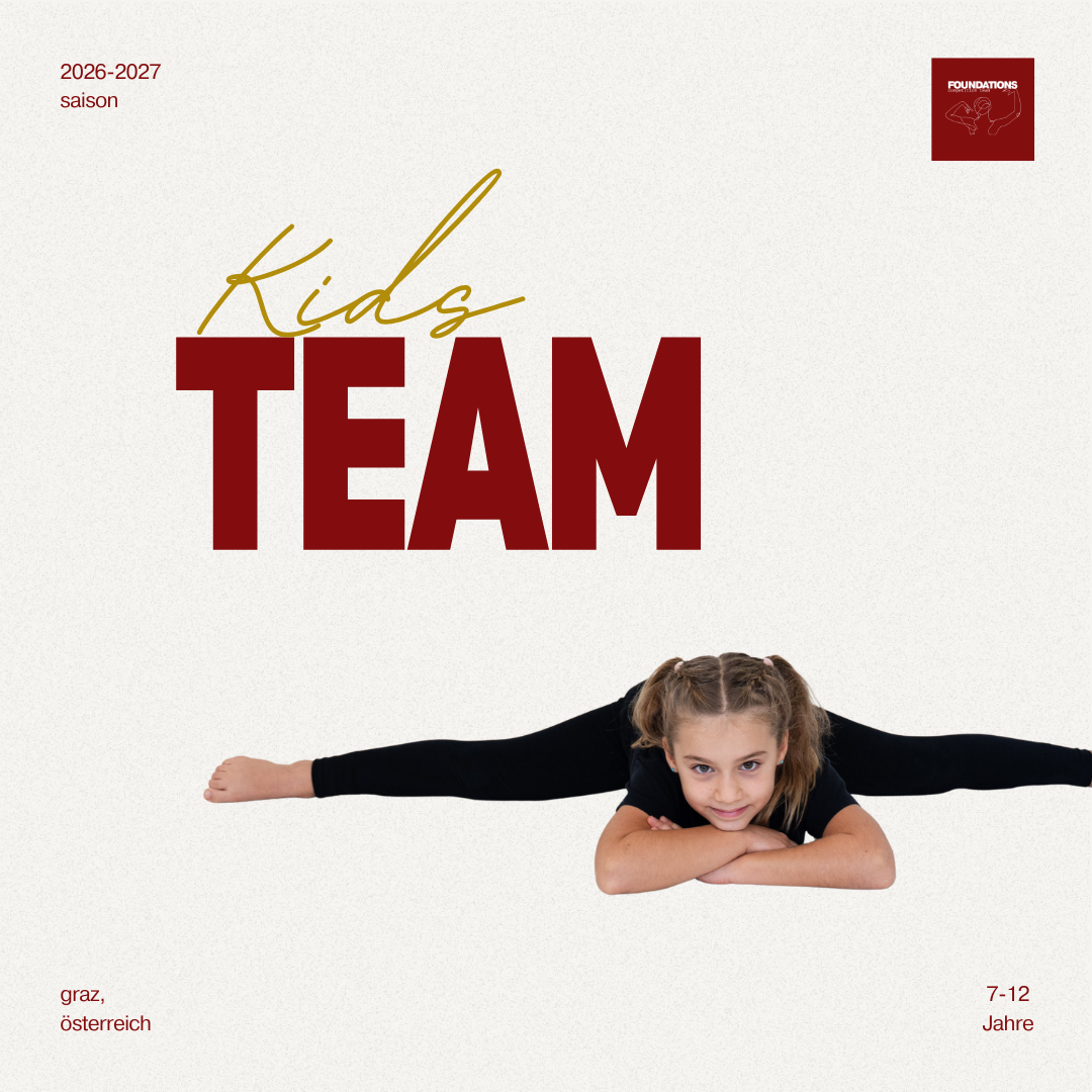 Flyer für das Kids-Team-Programm, mit einem jungen Mädchen in einer Tanzpose, Textinformationen zu Saison, Alter und Standort.