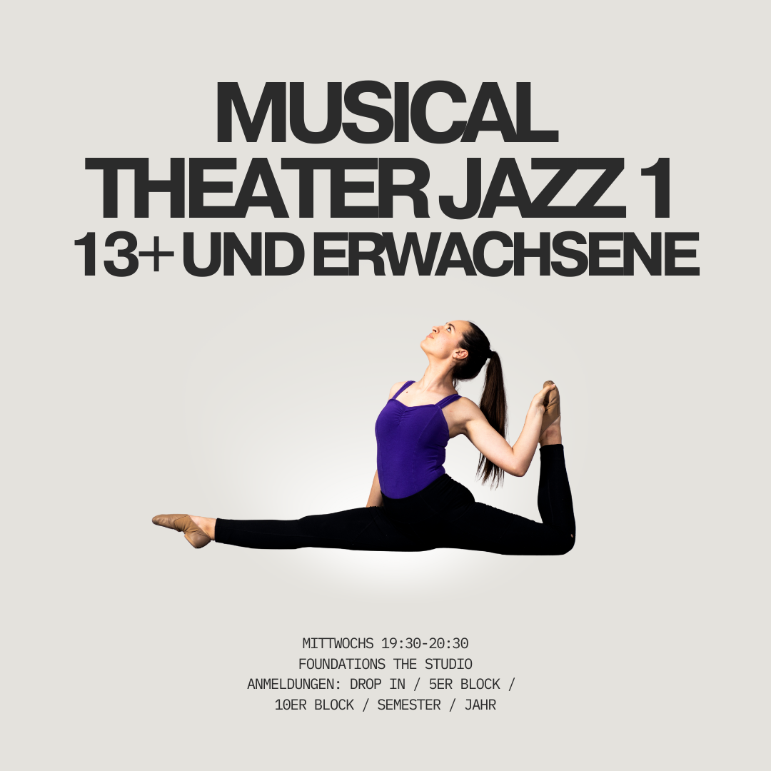 Plakat für ein Musical, Theater- und Jazzveranstaltung für Kinder ab 13 Jahren und Erwachsene, zeigt eine junge Frau beim Yoga in einer sitzenden Brückenposition, trägt eine blaue Top und schwarze Leggings.