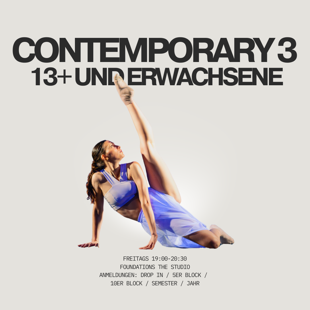 Ein Poster mit einer tanzenden Frau in blauer Sportbekleidung, die eine Körperhaltung im Tanz einnimmt, und Text in deutscher Sprache, der Kurzinformationen über das Programm im Studio gibt.