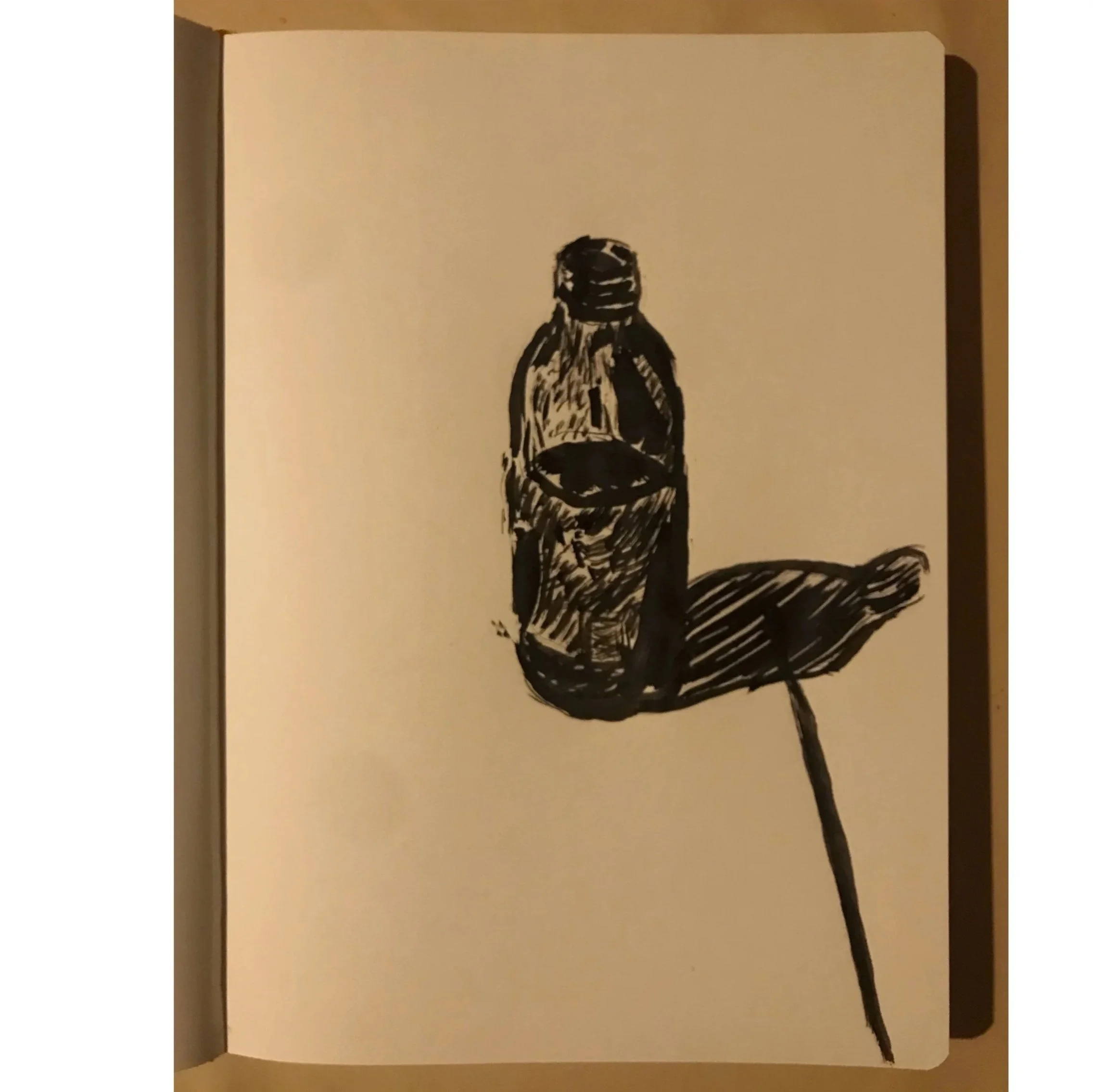 An ink drawing of an ink bottle and a brush