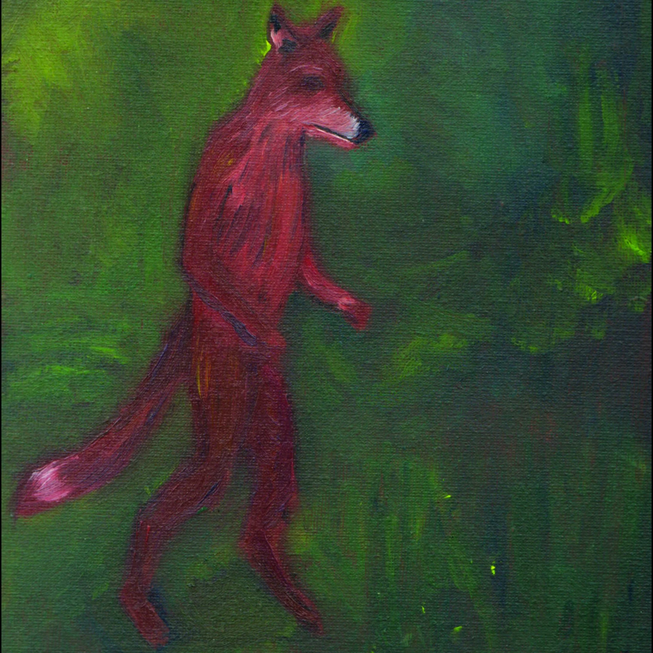 Peinture artistique d'un renard rouge sur un fond vert.