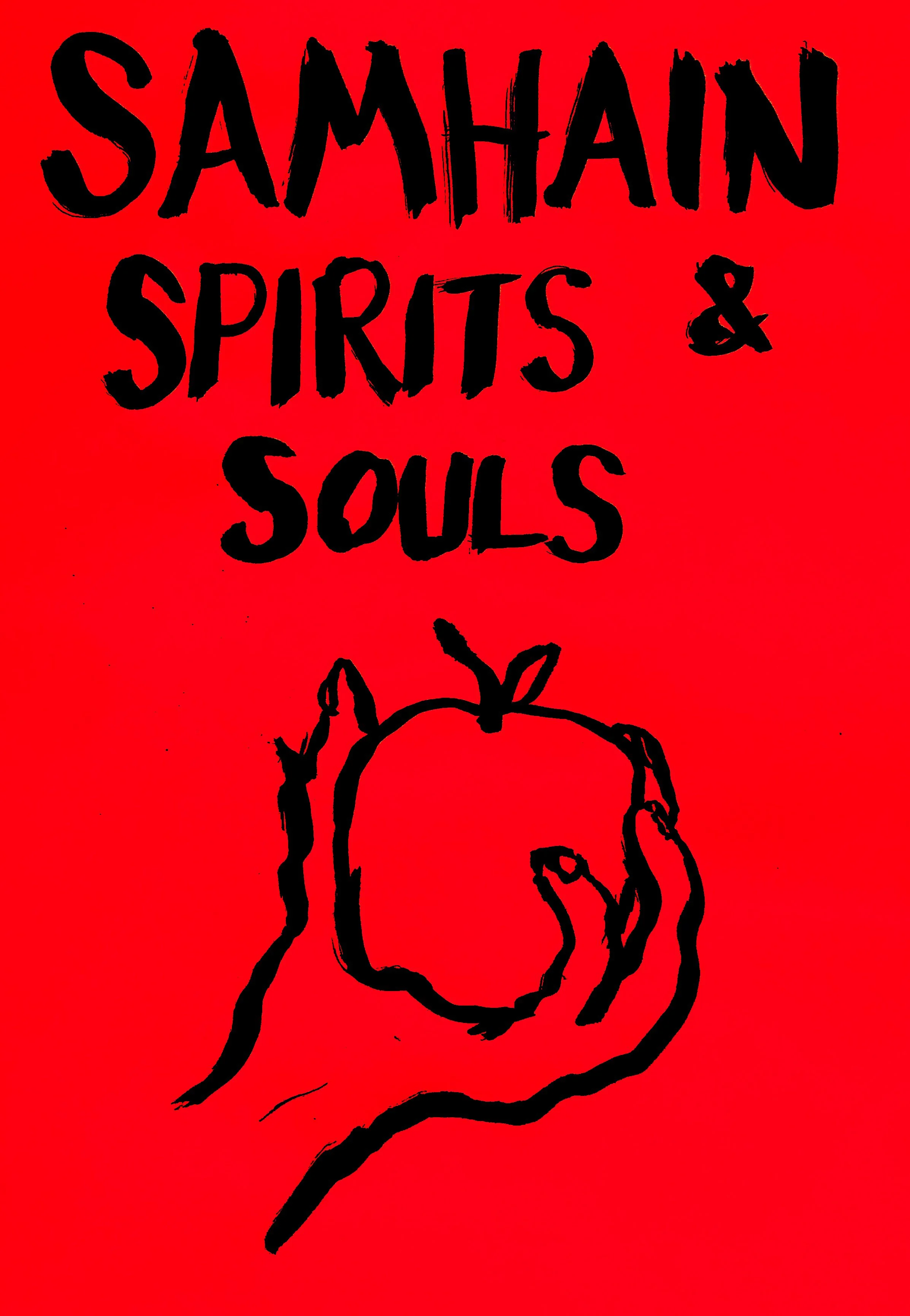 Texte en français : 'Samhain, Spiritus & Souls'. Illustration d'une lanterne de sorcière dessinée à la main avec des lignes noires simples sur un fond rouge.