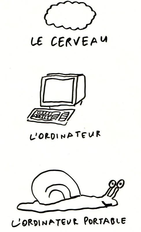Illustration d'un cerveau, d'un ordinateur et d'un ordinateur portable avec des légendes en français.