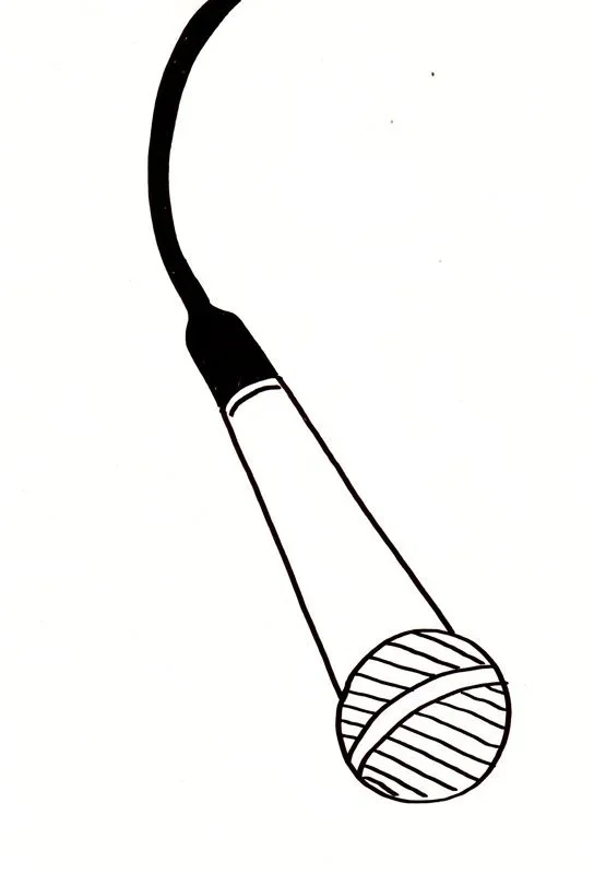 Black and white drawing of a microphone with a curved wire at the top and a rounded base.