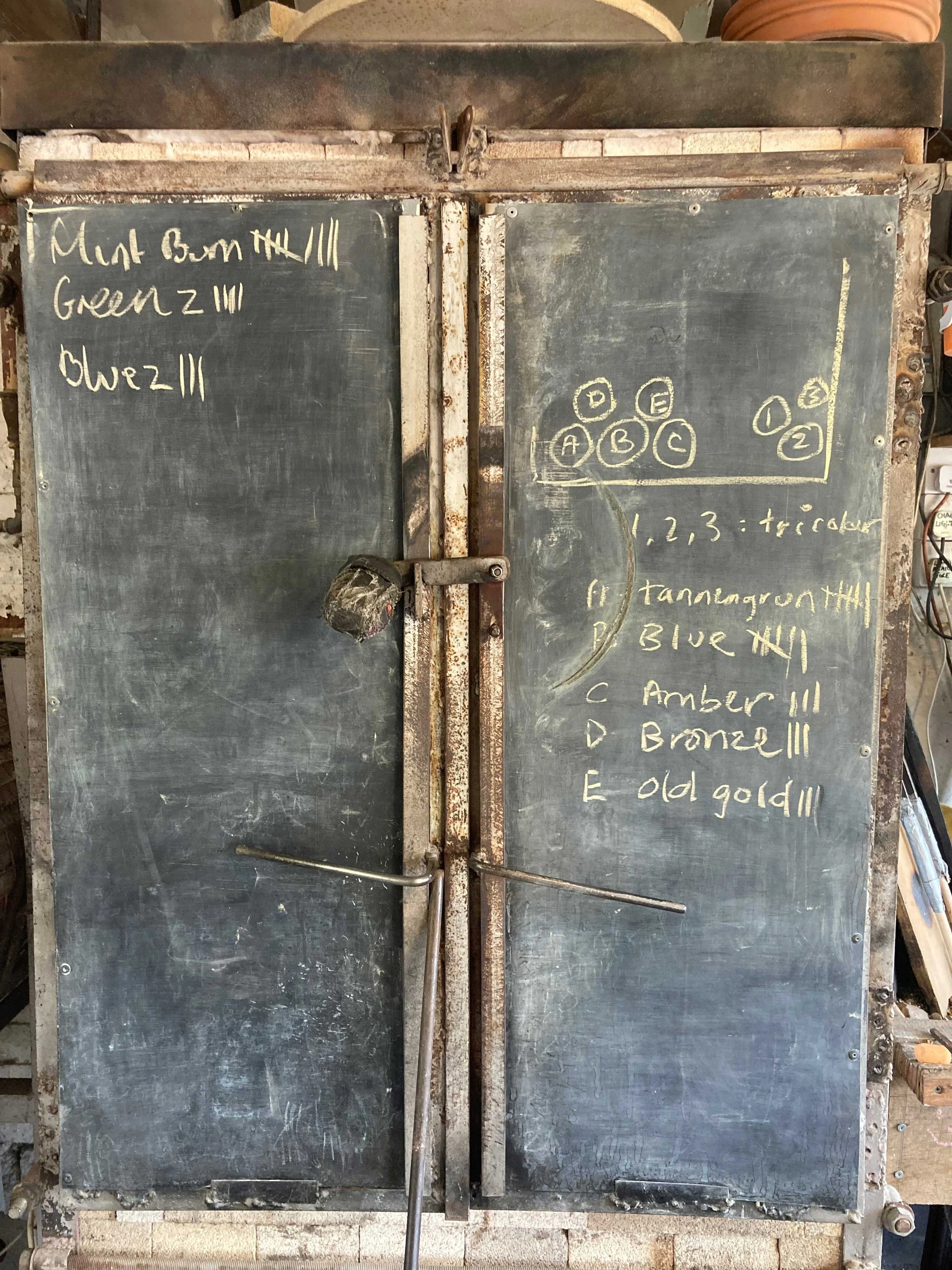 Old chalkboard with handwritten notes and drawings related to color theory, including color mixing and a chart of color categories labeled A to E.
