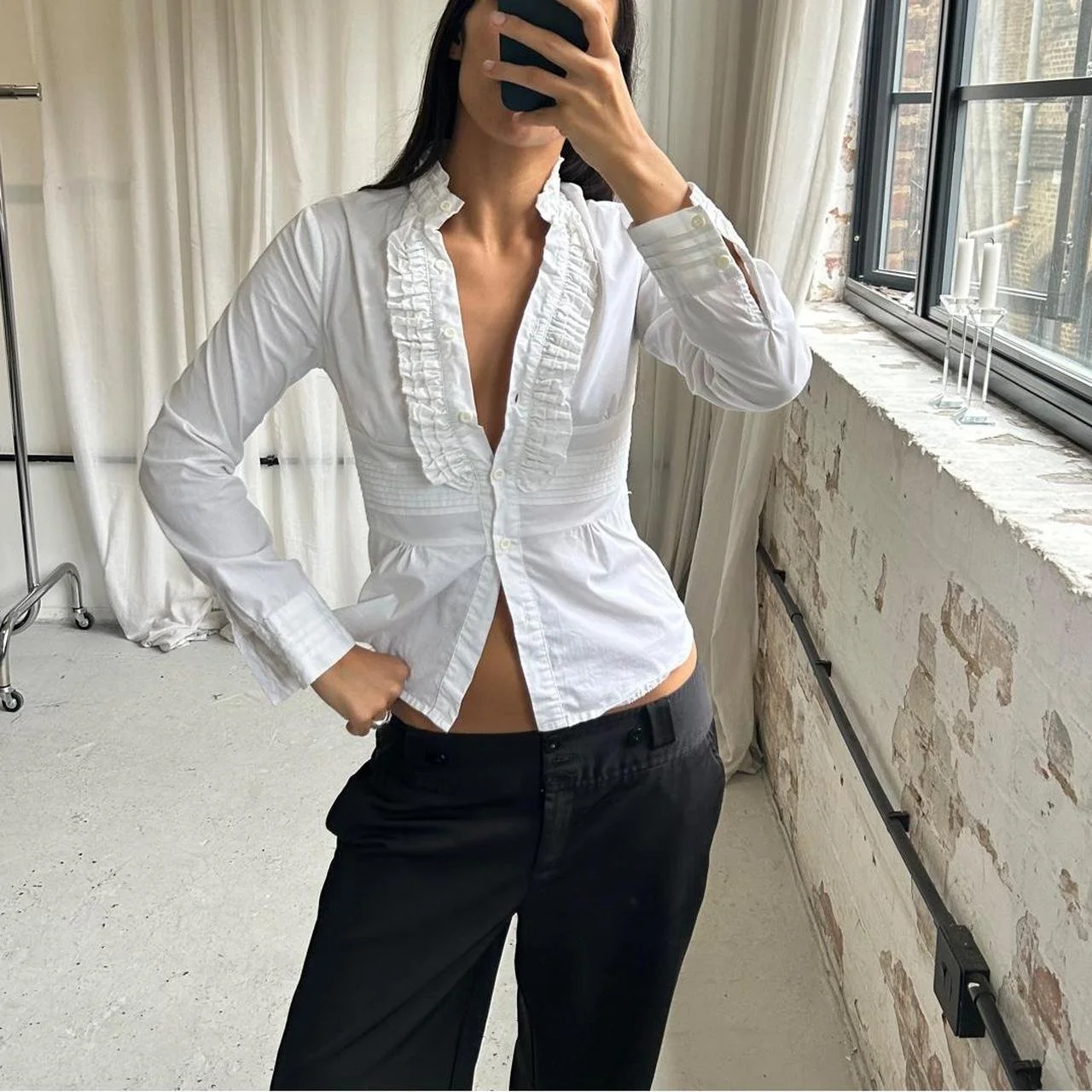 Vintage 90s White Ruffle Slim Fit Shirt
