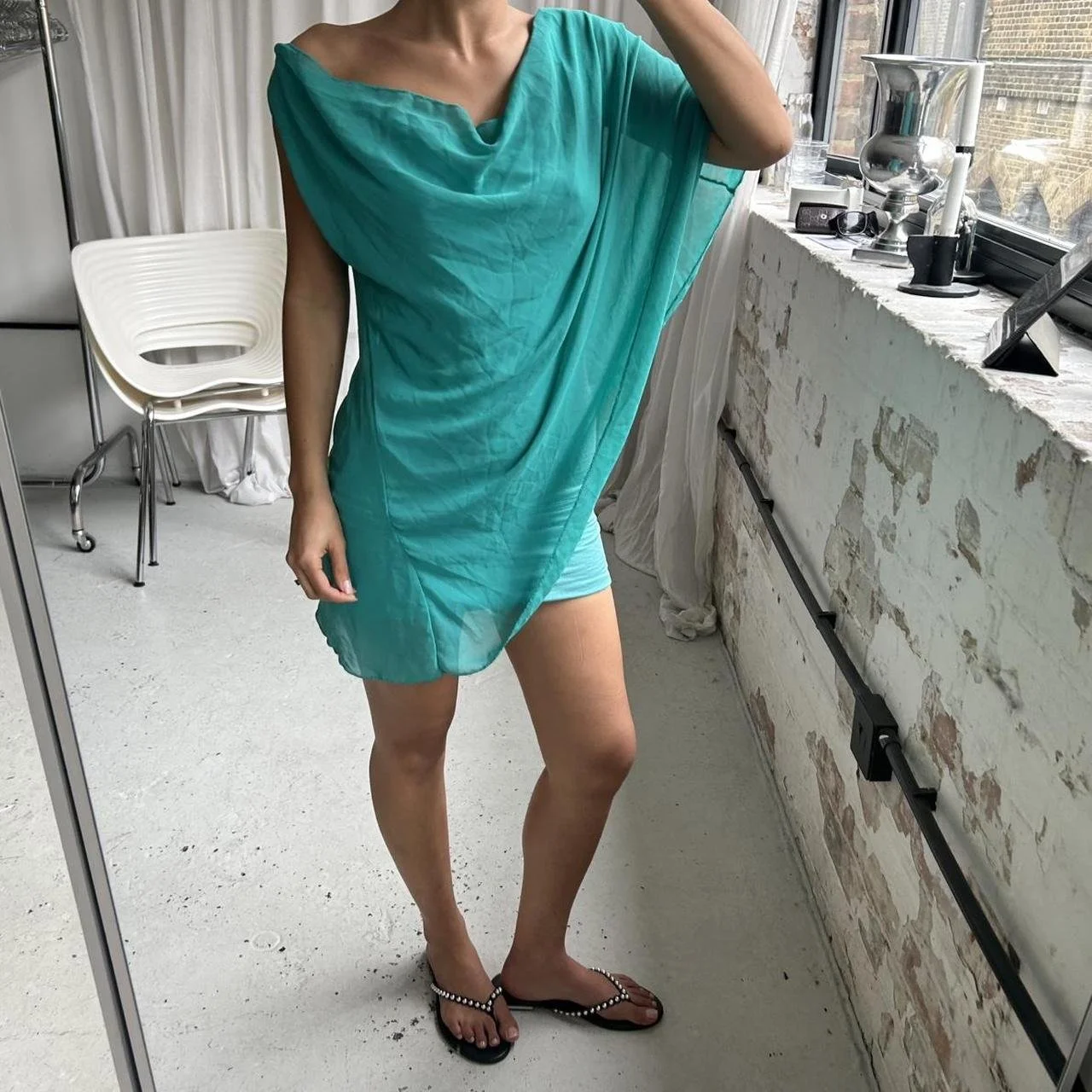 Vintage 00s Turquoise Slouchy Draped Mini Dress