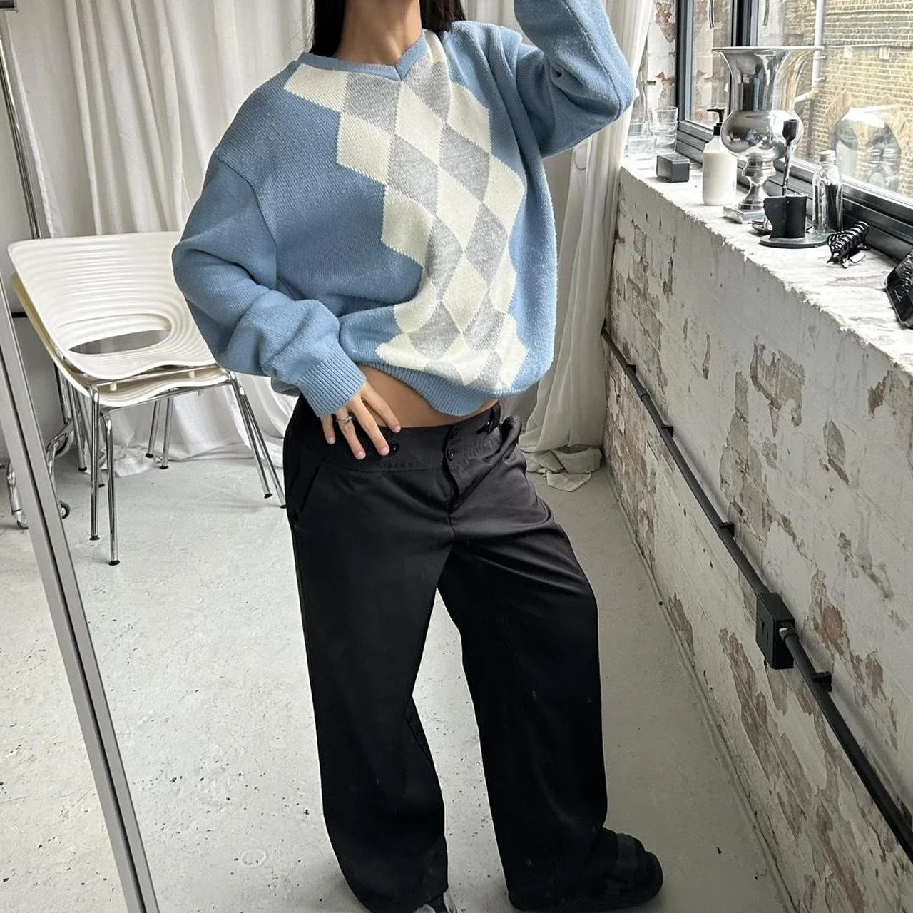 Vintage 90s Check Blue Knitted Oversized Jumper