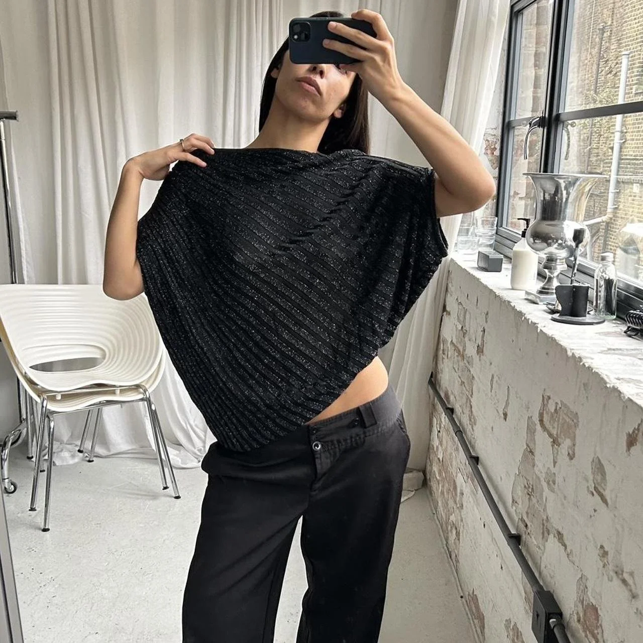 Vintage Black metallic Slouchy Asymmetrical Knit Top