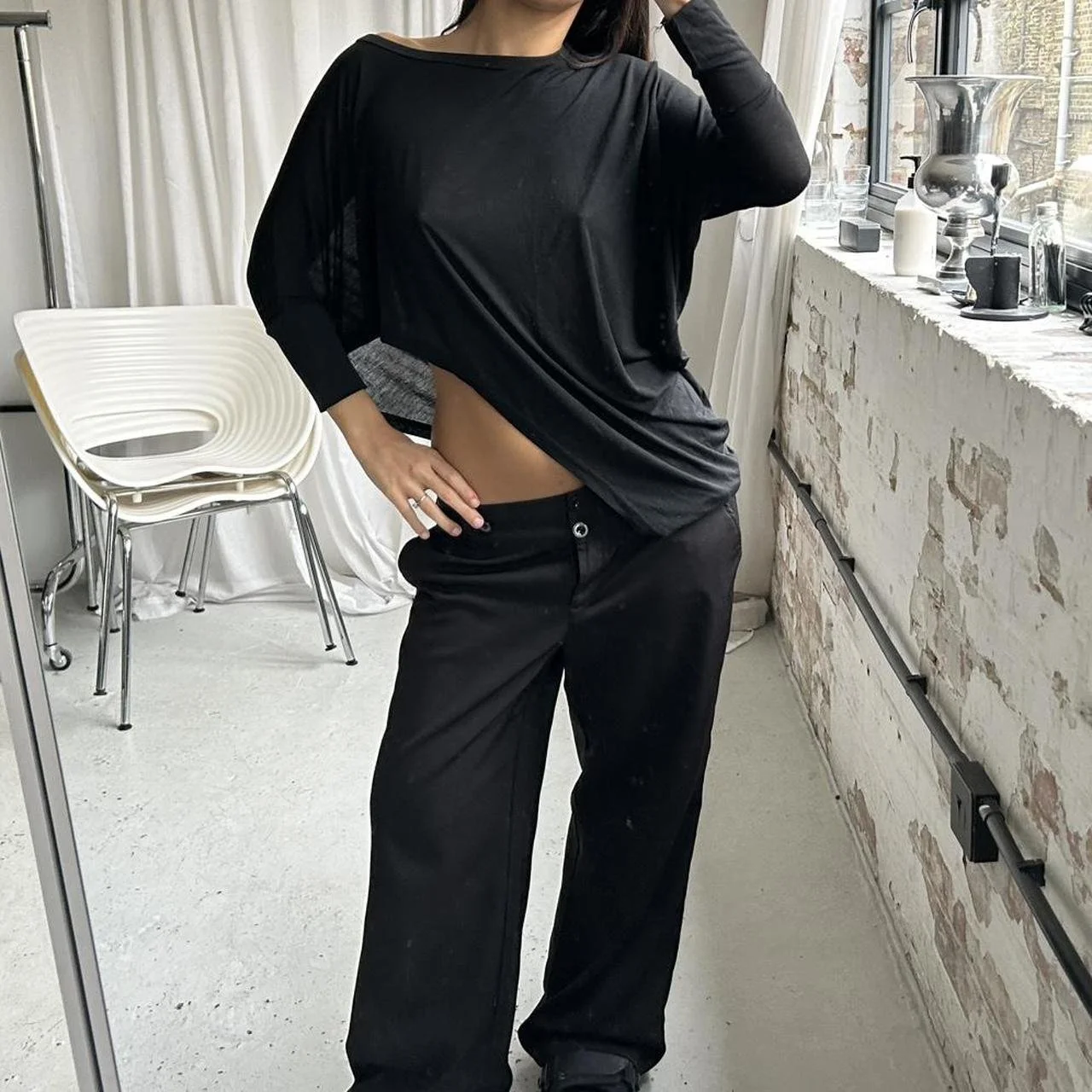 Vintage Black Slouchy Sheer Asymmetrical Top