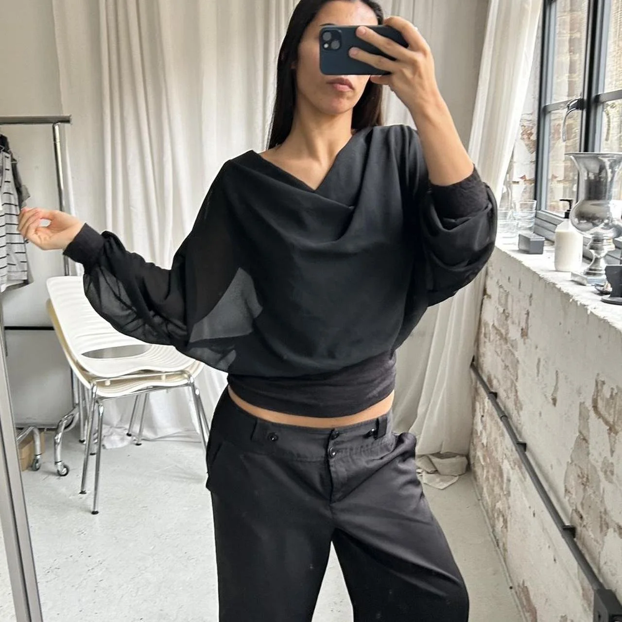 Vintage Slouchy Black sheer cowl neck blouse