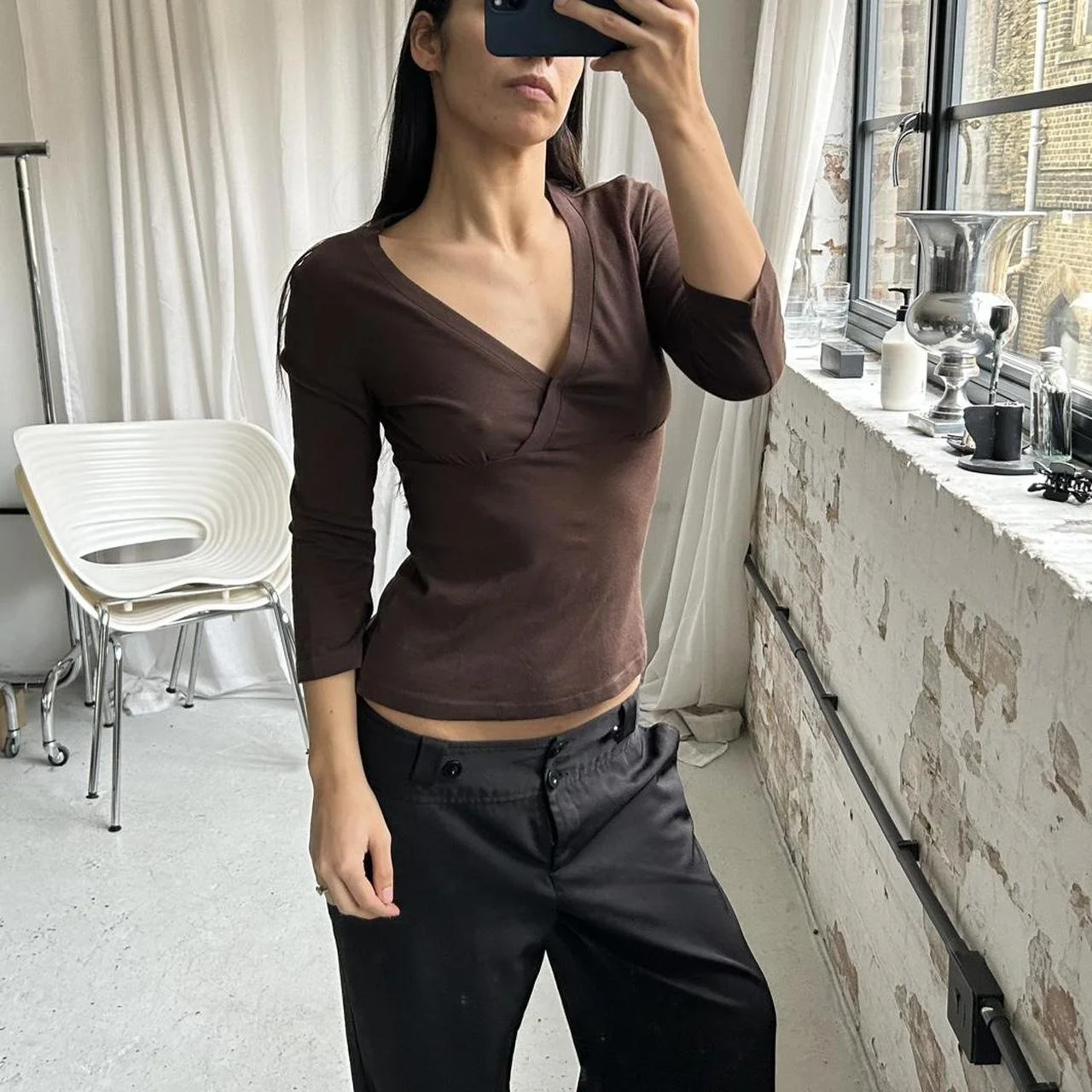 Vintage Brown long sleeve top with V-neck and 3/4 sleeves