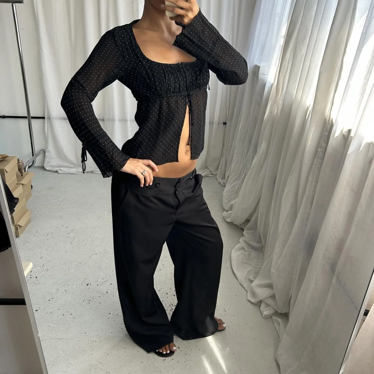 Vintage 90s Black Polka Dot Silky Long Sleeve