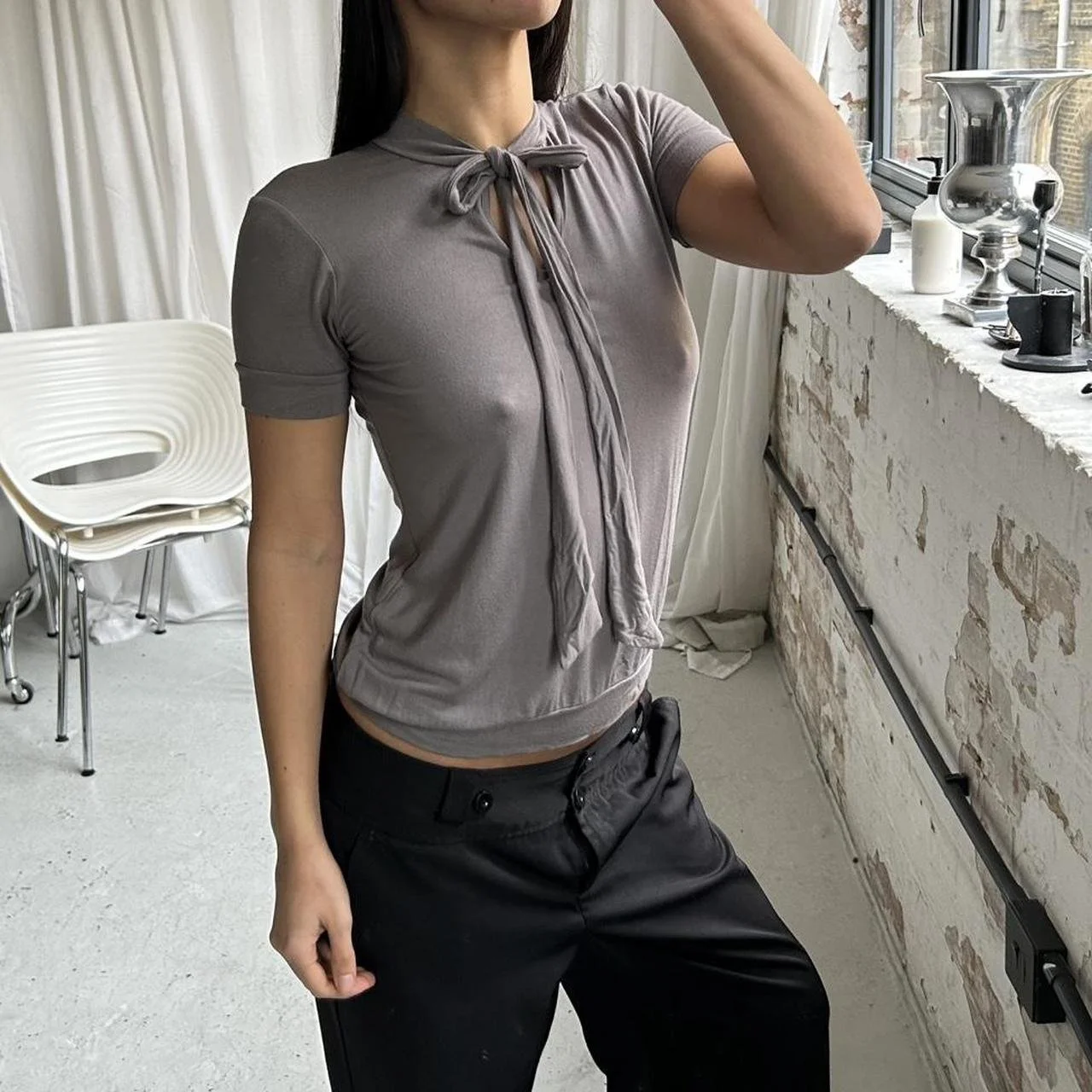 Vintage Grey tie neck top with tie detail